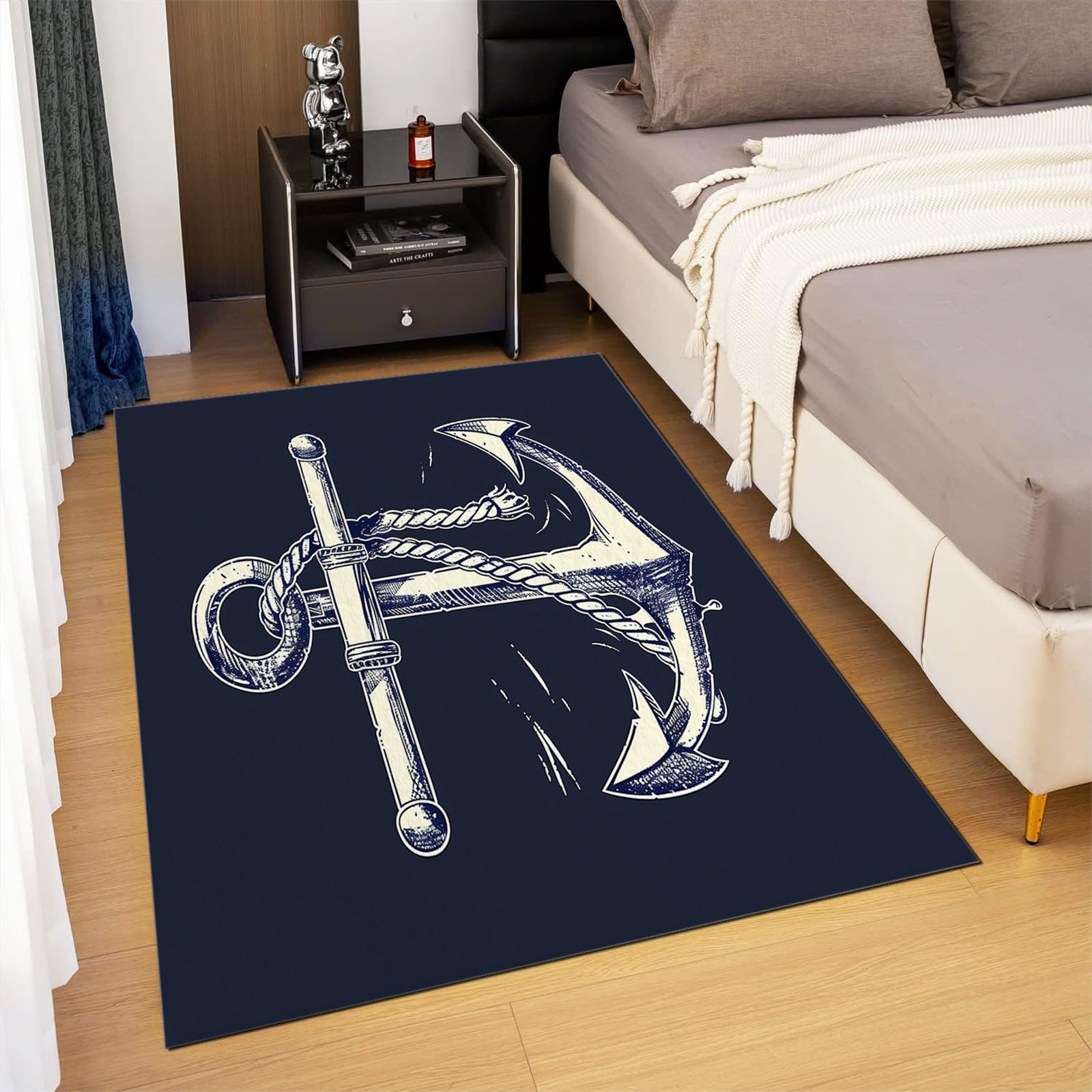 Tappeto lavabile 120 x 170 cm, per cameretta dei bambini, stile nautico, antiscivolo, per camera da letto, soggiorno, sala da pranzo, ufficio, sala giochi, tappeto blu a pelo basso stampato