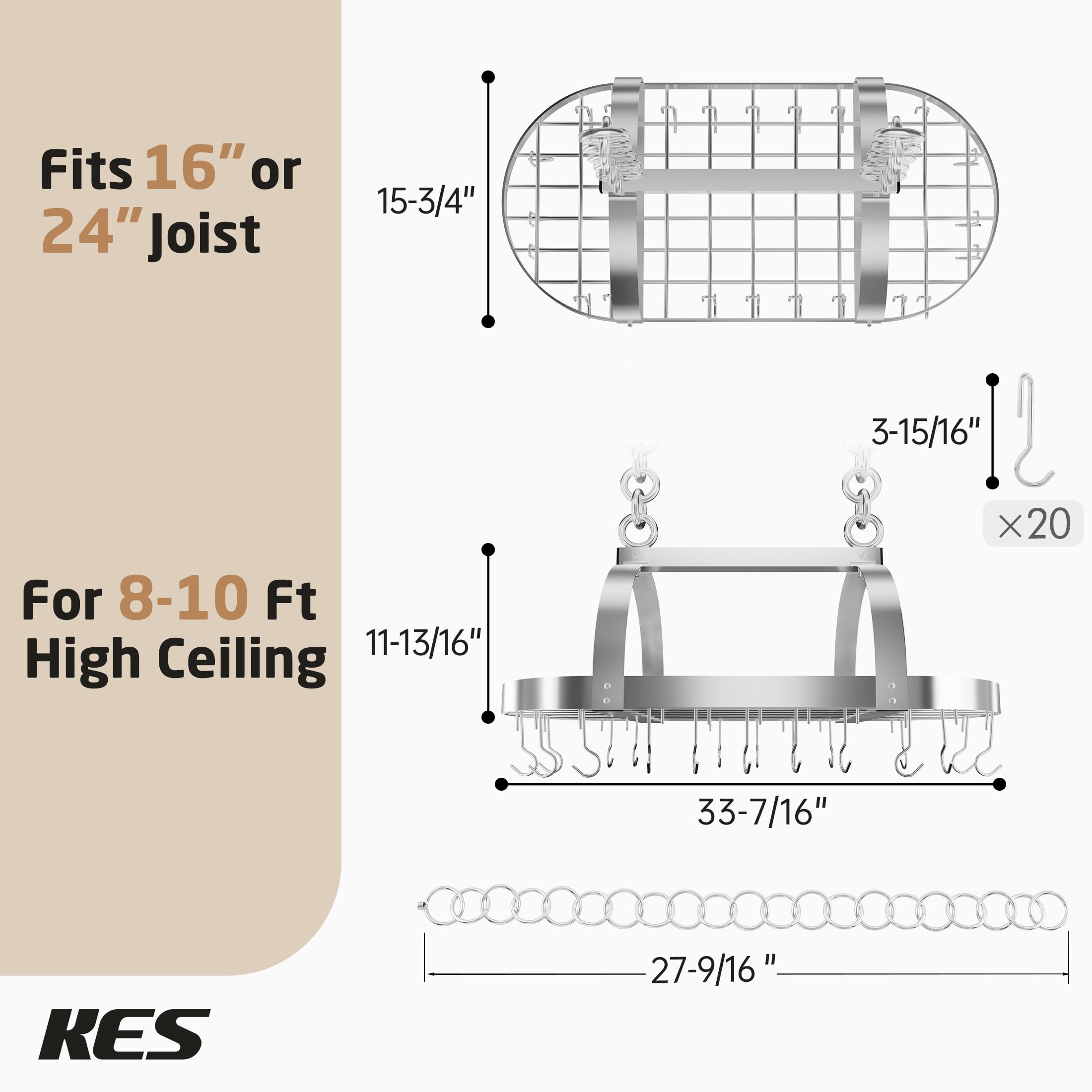 KES KUR221S85-CH - Soporte de techo cromado resistente de 86 cm, estante ovalado para colgar ollas y sartenes, organizador de almacenamiento de cocina con 20 ganchos en S (para vigas de techo de 16 y