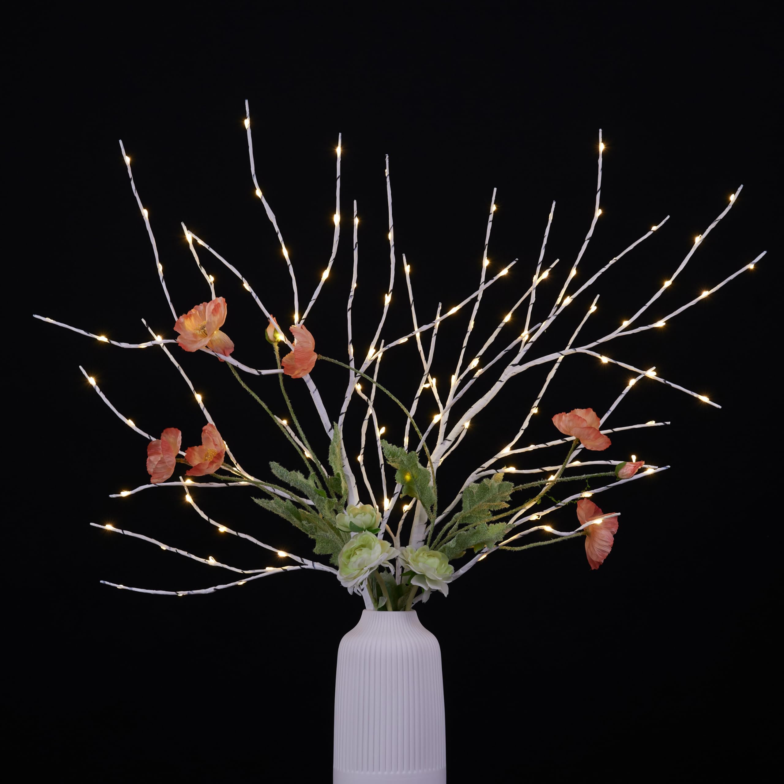 LIGHTSHARE Lighted 32IN Artificial Twig Birch Tree Branch with 120 Fairy LED Lights Battery Operated with Timer for Spring Thanksgiving Christmas Decoration Indoor Outdoor Sticks, White