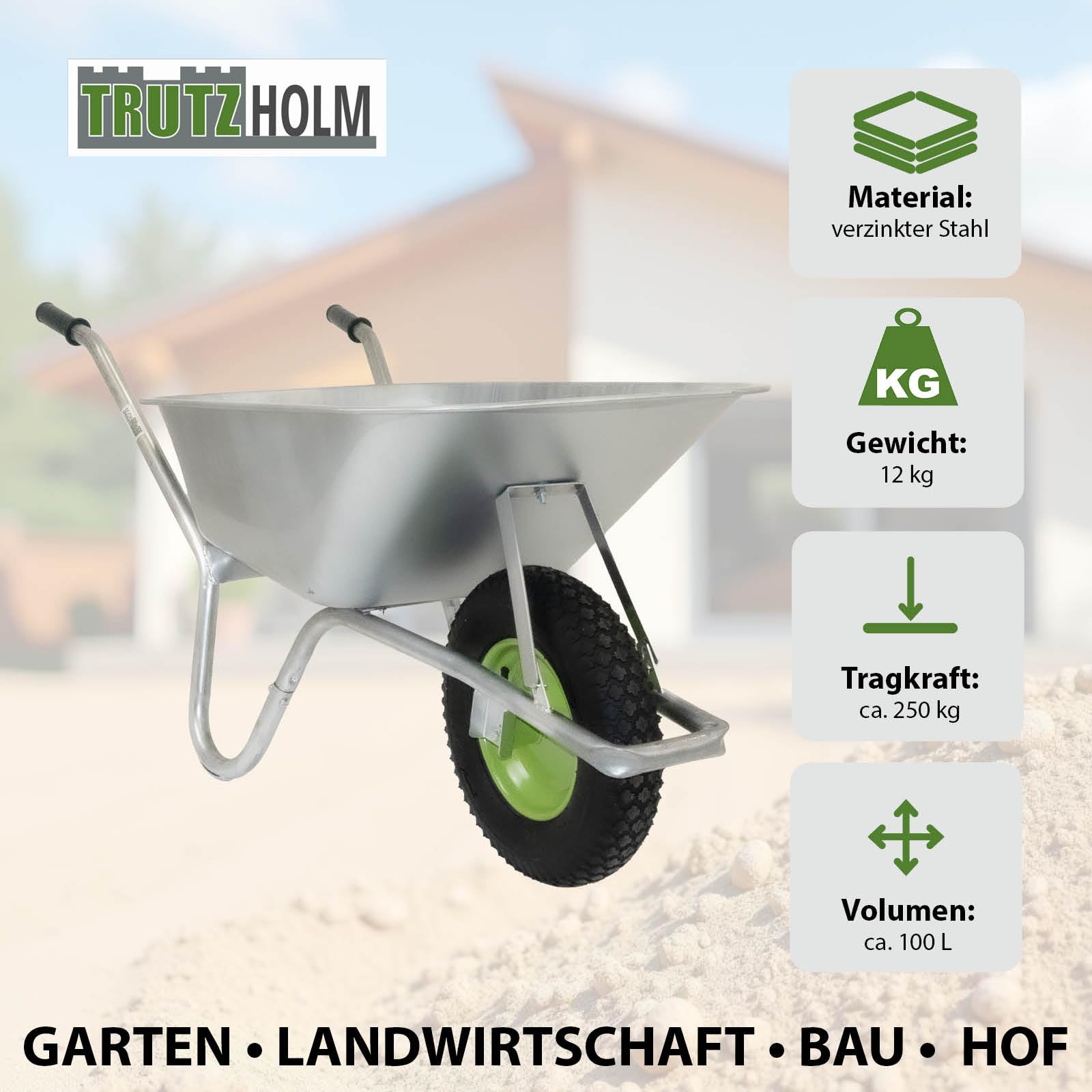 TRUTZHOLM Schubkarre 100 Liter verzinkter Stahl 250 kg Tragkraft Luftrad auf Stahlfelge Bauschubkarre Gartenkarre Schiebkarre leicht handlich 0,9 cm Starke Stahlwanne