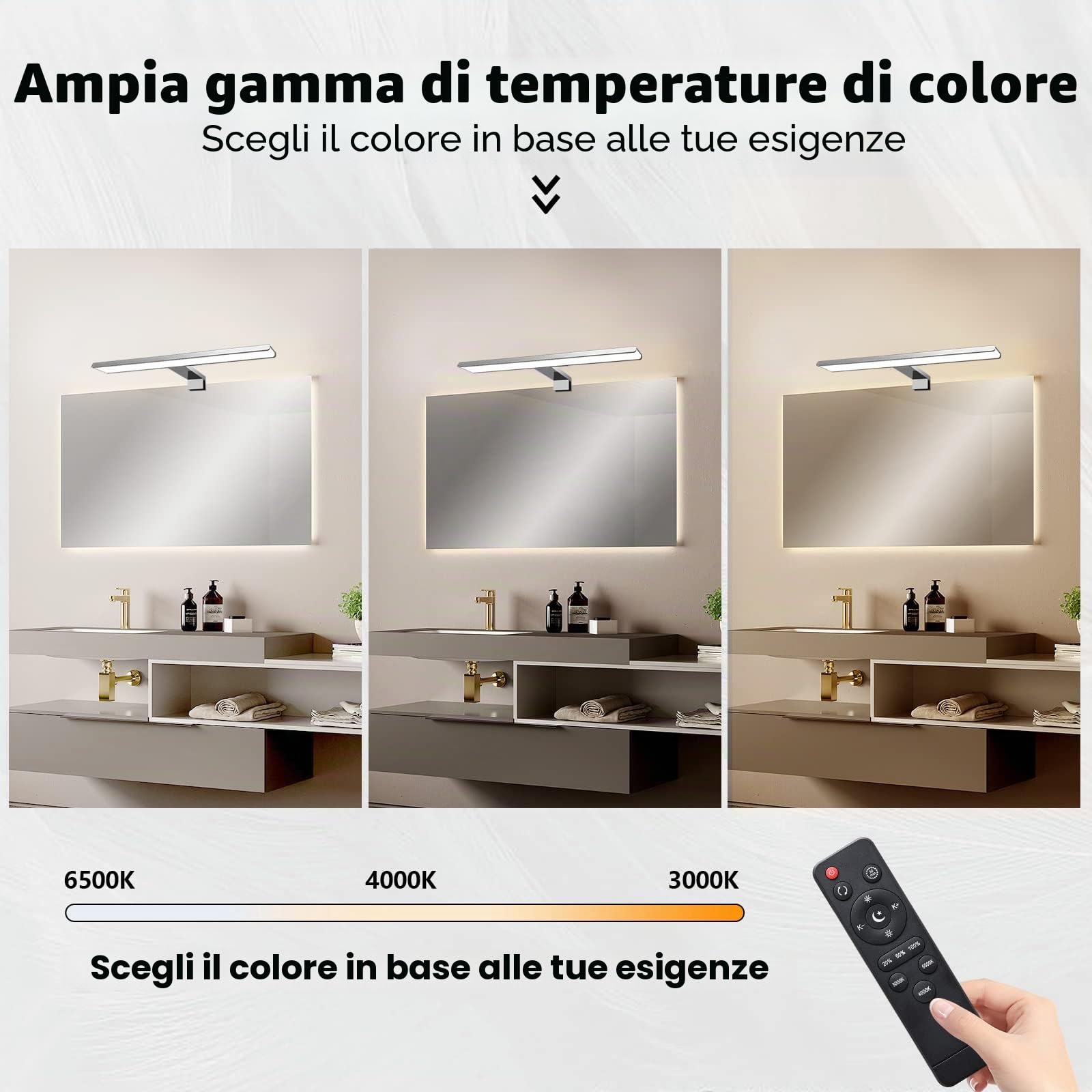 KYOTECH Lampada da Specchio a LED per Bagno 40cm Dimmerabile con Telecomando 12W 800LM Lampada da Bagno Impermeabile IP44 con interruttore Morsetto su Specchio,Armadio,Illuminazione a Parete