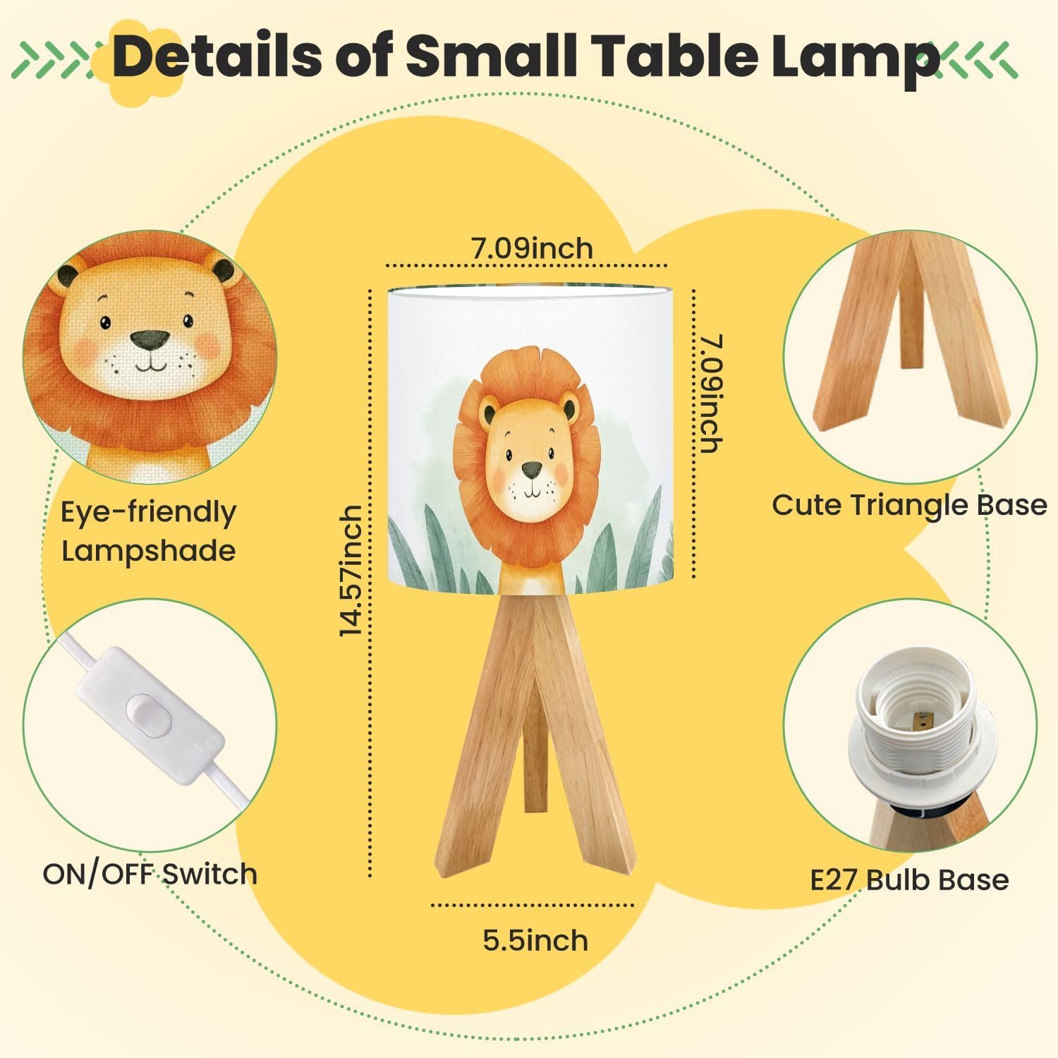 Cute Kids Bedside Desk Table Lamp Cute Animal Jungle Lion Big Mane Green Leaves Smiling Face Soft Children Nightstand Lamp, Tripod Small Night Lights Linen for Nursery Room Bedroom Dorm Decor