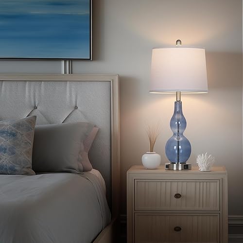 Miniatura 7 de Juego de 27.5 pulgadas de cristal azul costero doble calabaza lámpara de mesa de 2, 3 vías regulables control táctil lámparas de noche con puertos