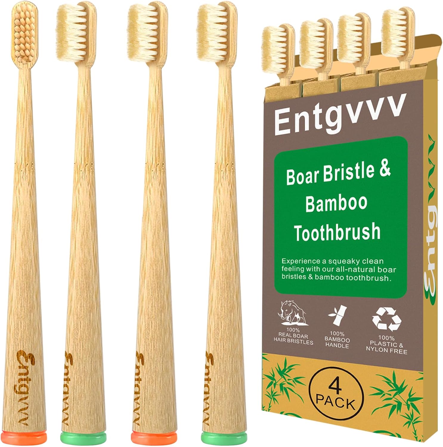 Boar Bristle Toothbrush, 4 Pack Non Plastic Bamboo Toothbrushes, Plastic Free Natural Organic Toothbrush, Individually Packaged Portable Manual Wooden Toothbrush for Adult, Women, Men