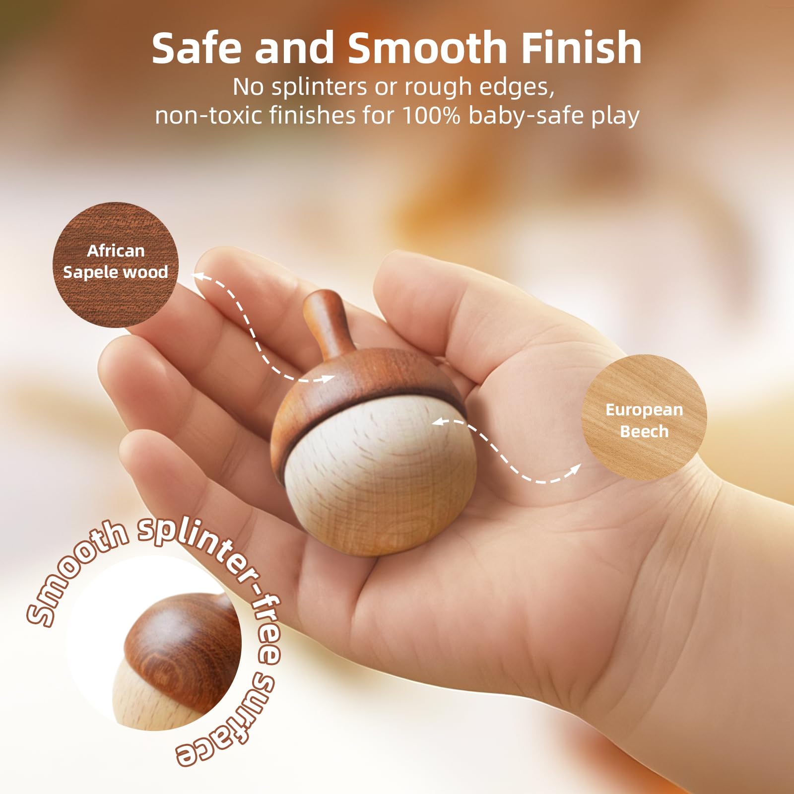 Tapas giratorias de madera de castaño, hechos a mano con safari natural y madera de haya para niños, juguetes Montessori seguros y no tóxicos para niños pequeños (paquete de 3) 7