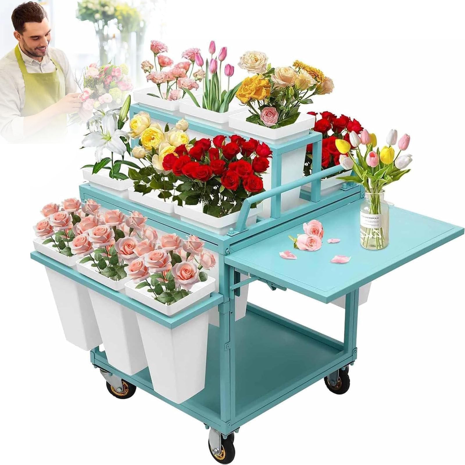 Este Soporte metálico para exhibición de Flores al Aire Libre con Soporte para Flores con 18 Cubos, Carrito de exhibición de Flores con Ruedas, Carrito de Flores para floristería, Patio y ja