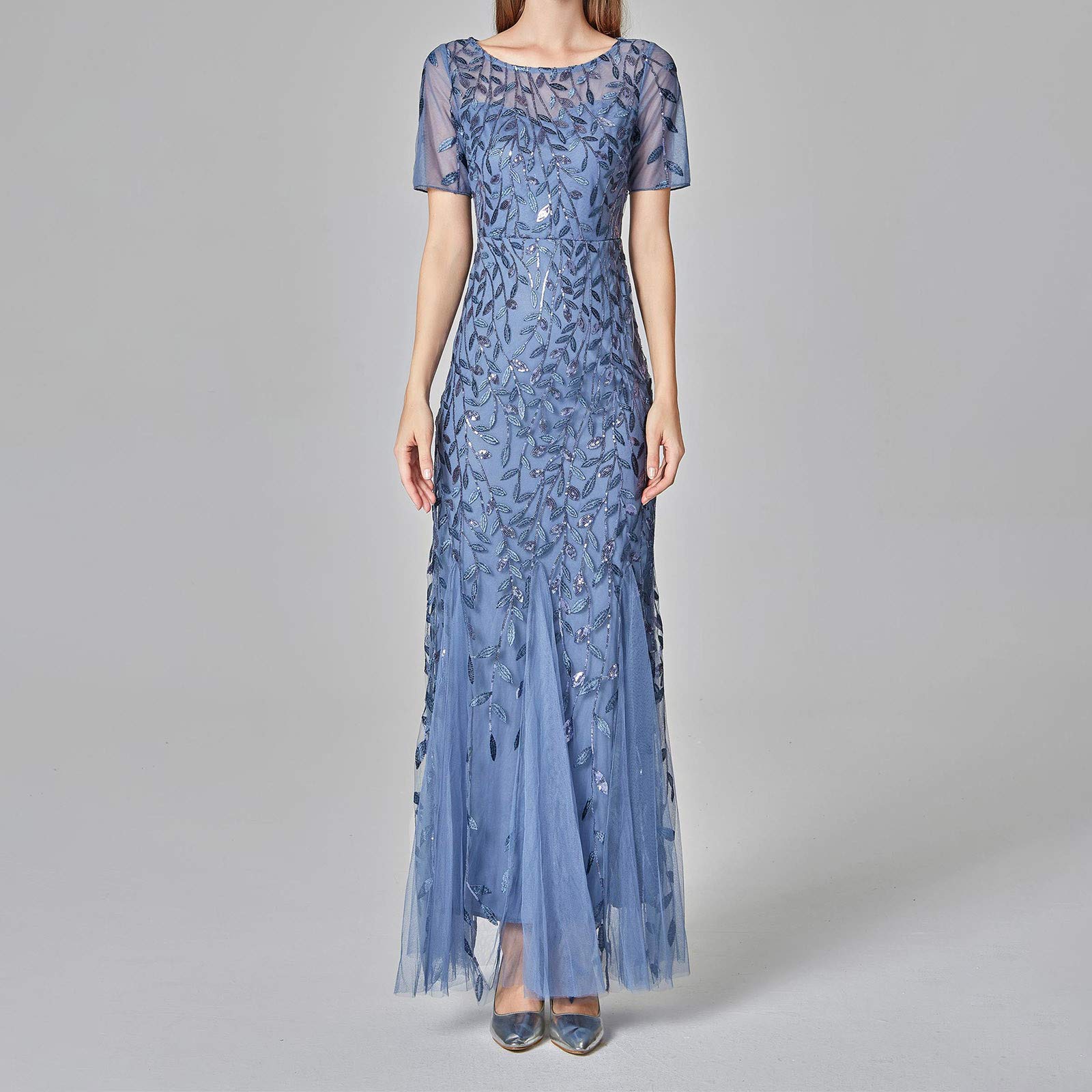 FUPODD Damen Abendkleid Elegant Maxikleid 1920er-Jahre Kleid Mit Pailletten Damenkleid Tüll Partykleid Frauen Kurze Ärmel Kleider Lang Cocktail-Meerjungfrau-Kleid Ballkleid Für Hochzeit Abendkleider