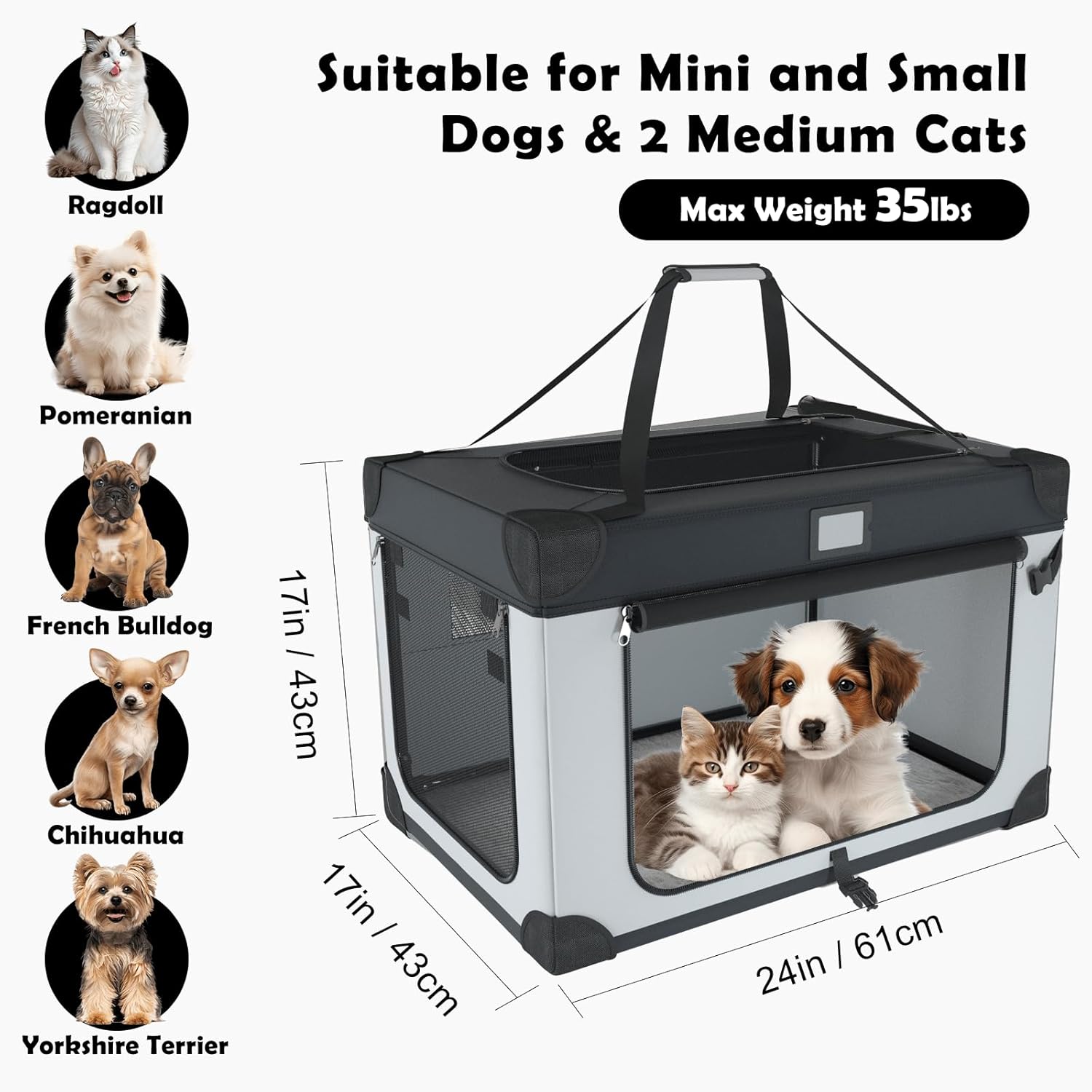 24 Inch Portable Collapsible Dog Crate, Travel Pet Crate with Soft Warm Blanket and Foldable Bowl for Small Dogs and Large Cats Indoor and Outdoor