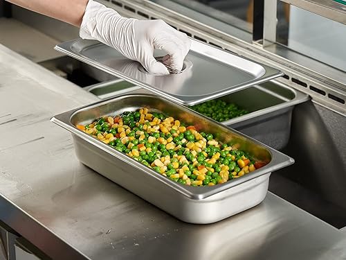 Miniatura 4 de CURTA Paquete de 6 sartenes antiatascos para hotel con tapas, tamaño 1/3 de 2 1/2 pulgadas de profundidad, NSF comercial de acero inoxidable 18/8