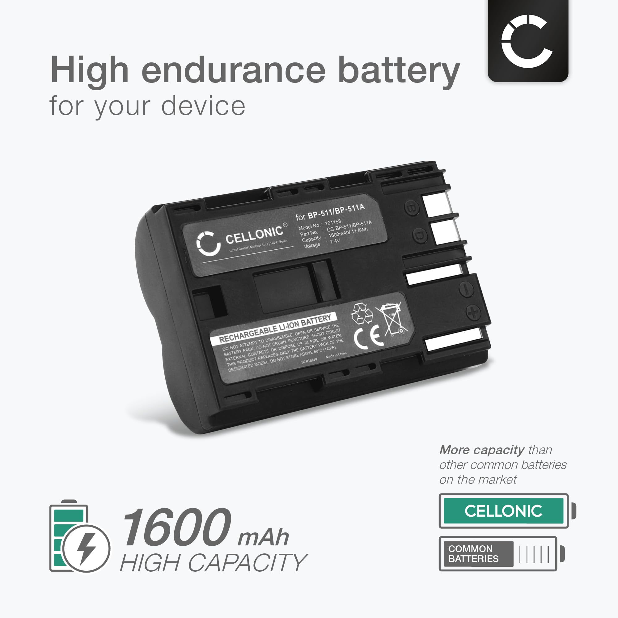 CELLONIC® BP-511,-512,-514,BP-508 Kompatybilny z Canon EOS 5D 50D D60 40D 300V 300D 30D 20Da 20D 10D PowerShot G5 G6 G3 G2 Pro1 ZR80 BP-5 11 pojemność 1 600mAh Wymiana Baterii