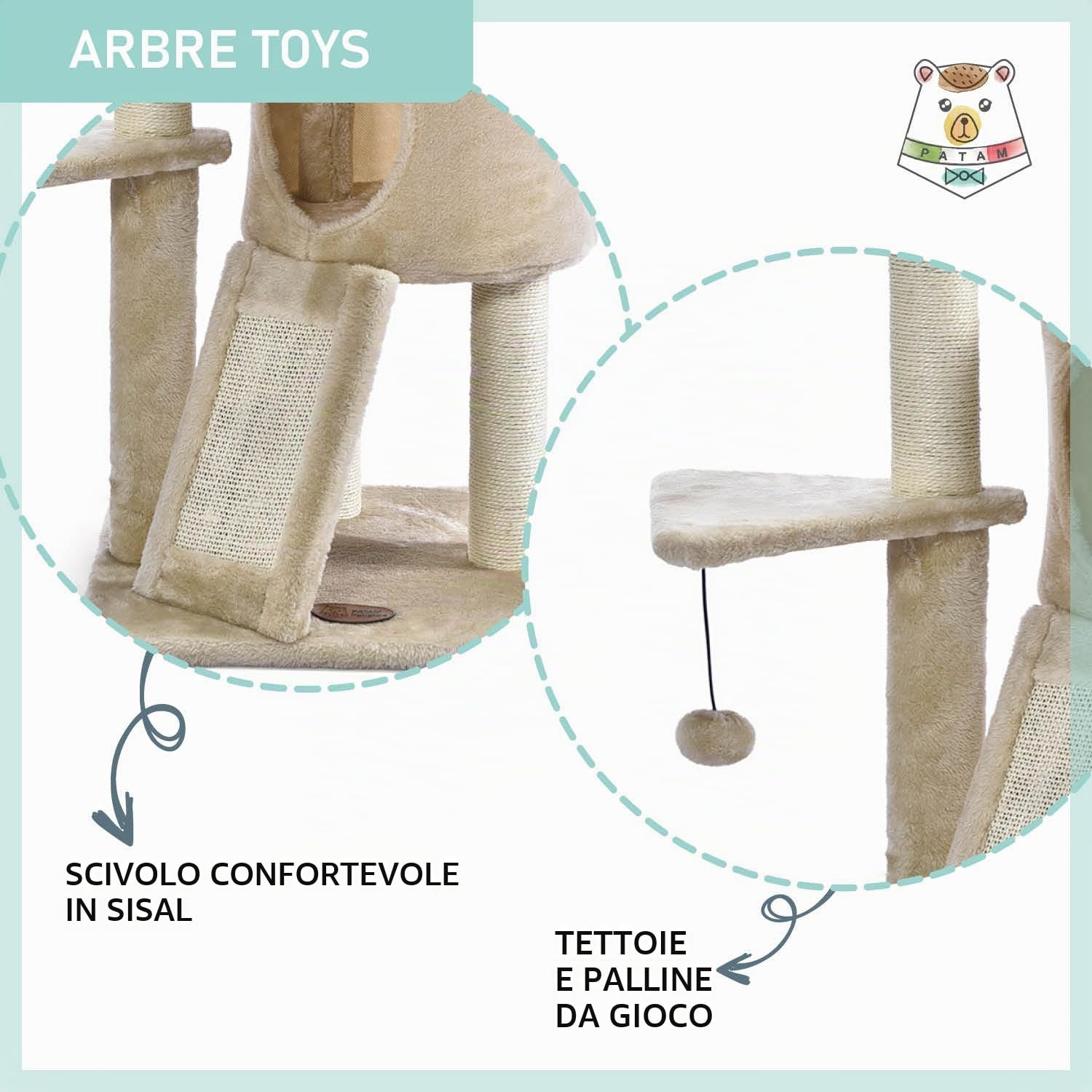 Tiragraffi per Gatti alto 83,5 cm, Graffiatoio in Sisal Casetta con Palline Gioco, Cuccia per Gatti - Toys Beige