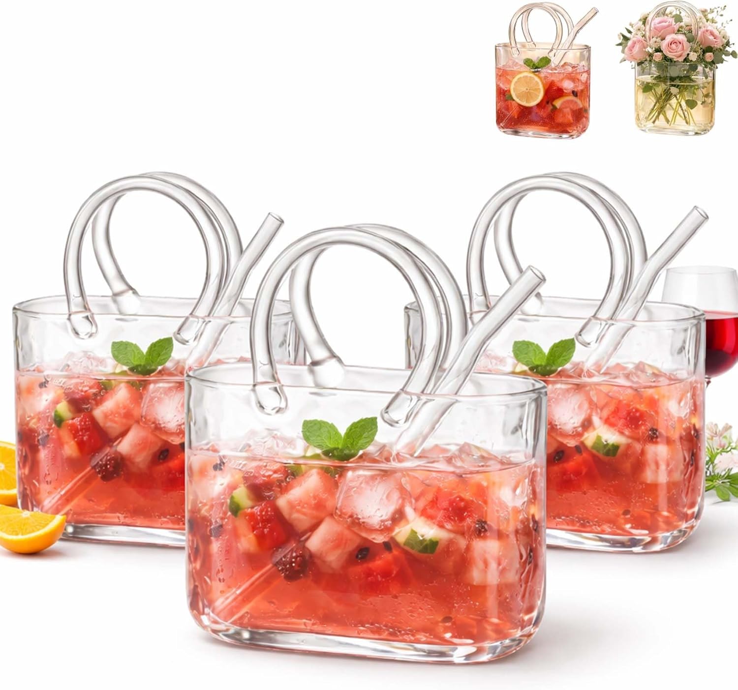 2026 Purse Drinking Glass,Glass Purse For Drinks Set Of 2,26oz Unique Wine Glasses Purse Gifts For Women Party,Fish Bowl Vase,Creative For Wine, Fruit Juice, Tea, Flowers With Straw & Brush (3PCS)