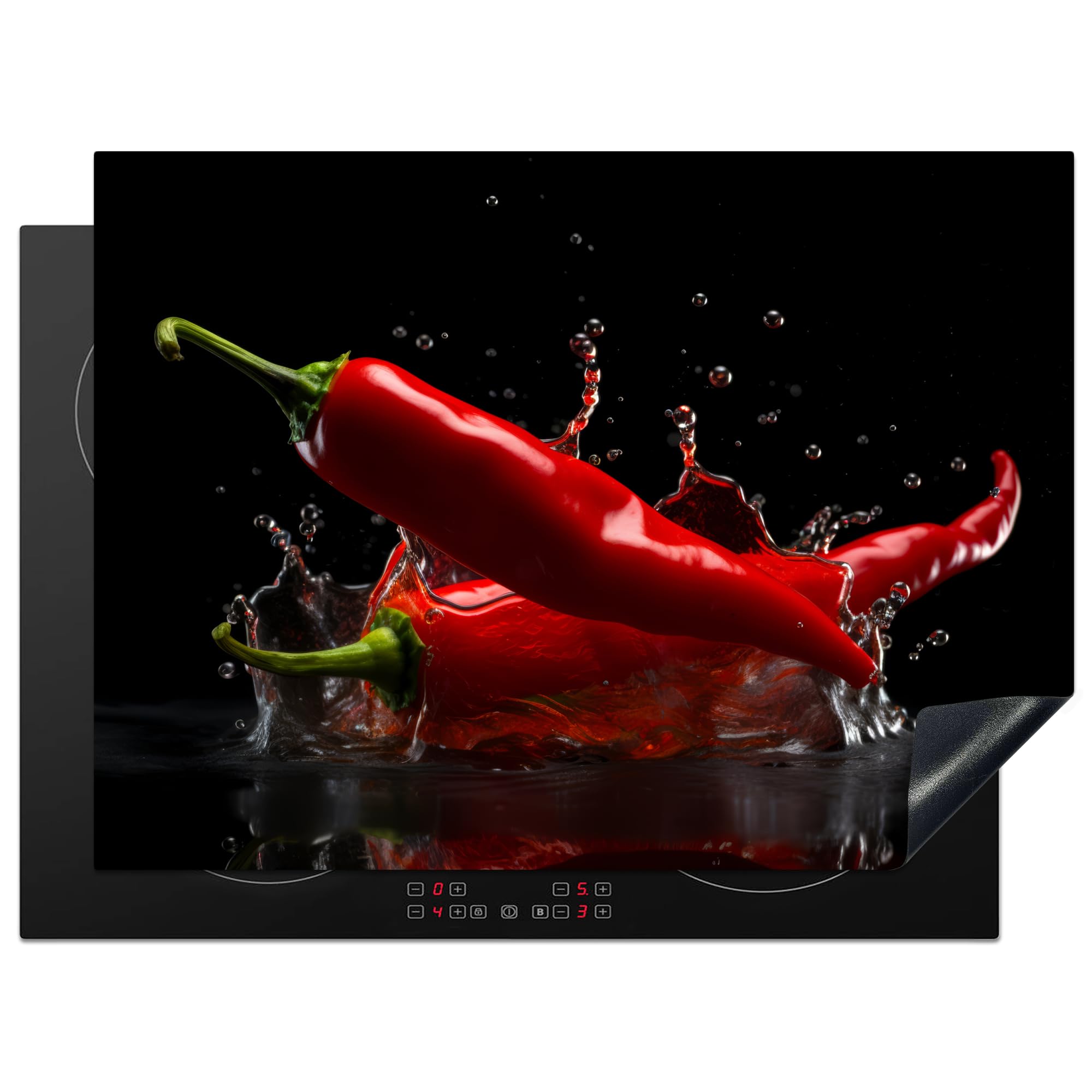 KitchenYeah© Induction Hob Protector Mat 20.5"x28" / 71x52 cm Stove Cap Top Cover Kitchen Cooker Covers for Electric Hobs Vinyl Pepper - Red - Black - Water - Vegetable — image 1