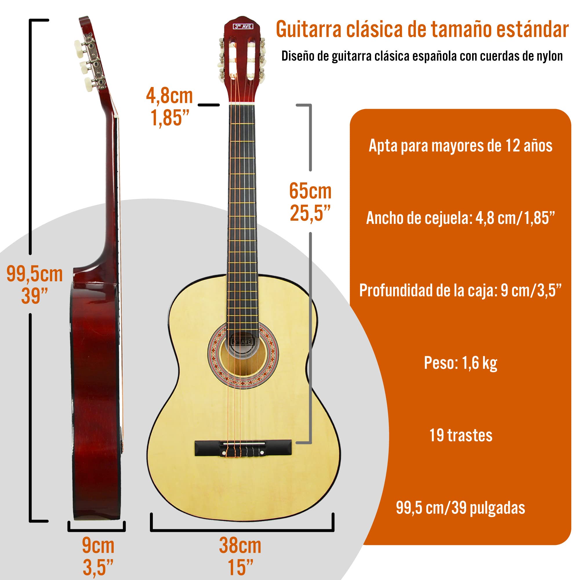 3rd Avenue Guitarra clásica española para principiantes de tamaño estándar 4/4 con cuerdas de nylon de 3rd Avenue y funda de transporte, Natural