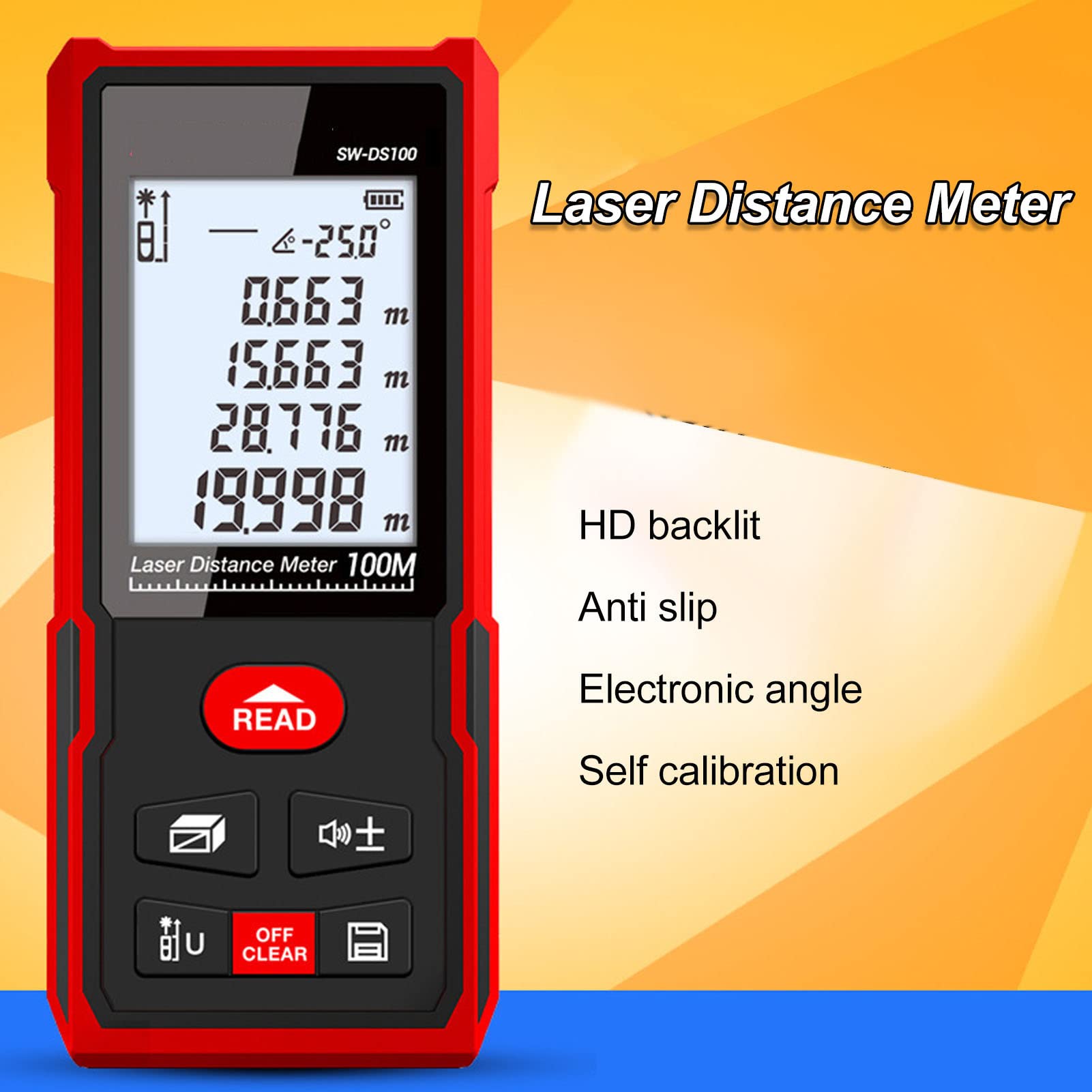 Wisecoco Herramienta De Medición Láser, Medidor De Distancia Láser Digital De 50/70/100 M, Buscador De Rango De Herramienta De Medición Láser con LCD Retroiluminado (SW-DS100 100M)