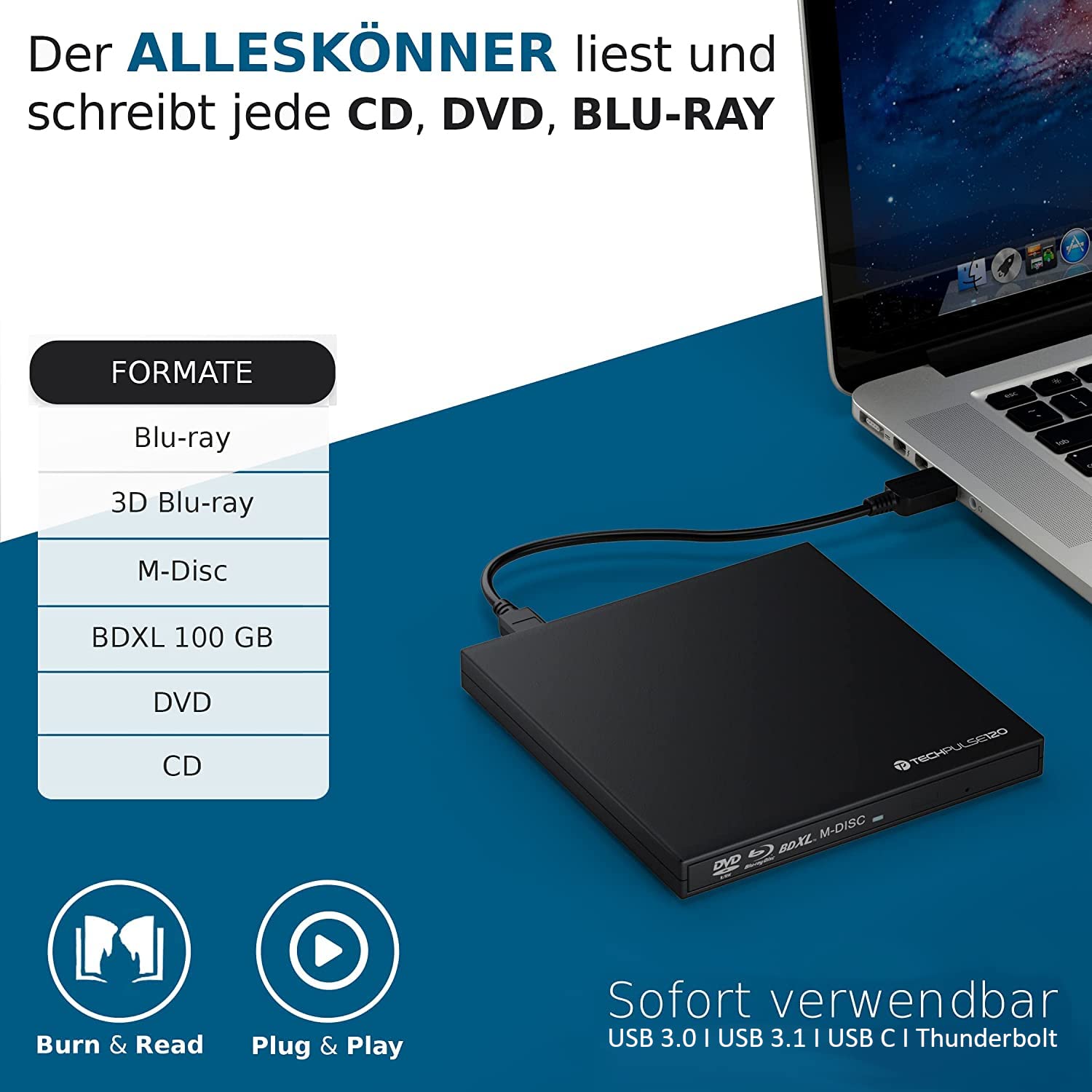 techPulse120 USB 3.0 Typ-C externer Blu-ray Brenner 3D M-Disc BDXL 100GB Burner Superdrive Blueray Laufwerk BD DVD CD Slim für Computer Notebook Ultrabook Windows MacOS Apple iMac MacBook ABS Schwarz