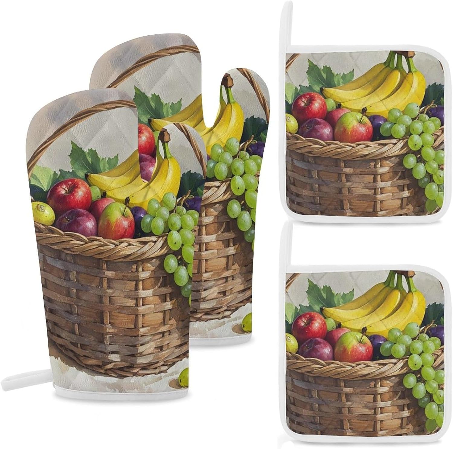 4 Pcs Oven Mitts and Pot Holders Sets Fresh Fruits in The Basket Printed Oven Gloves Hot Pads Heat Resistant Kitchen Gloves Potholders for Baking Cooking Grilling BBQ