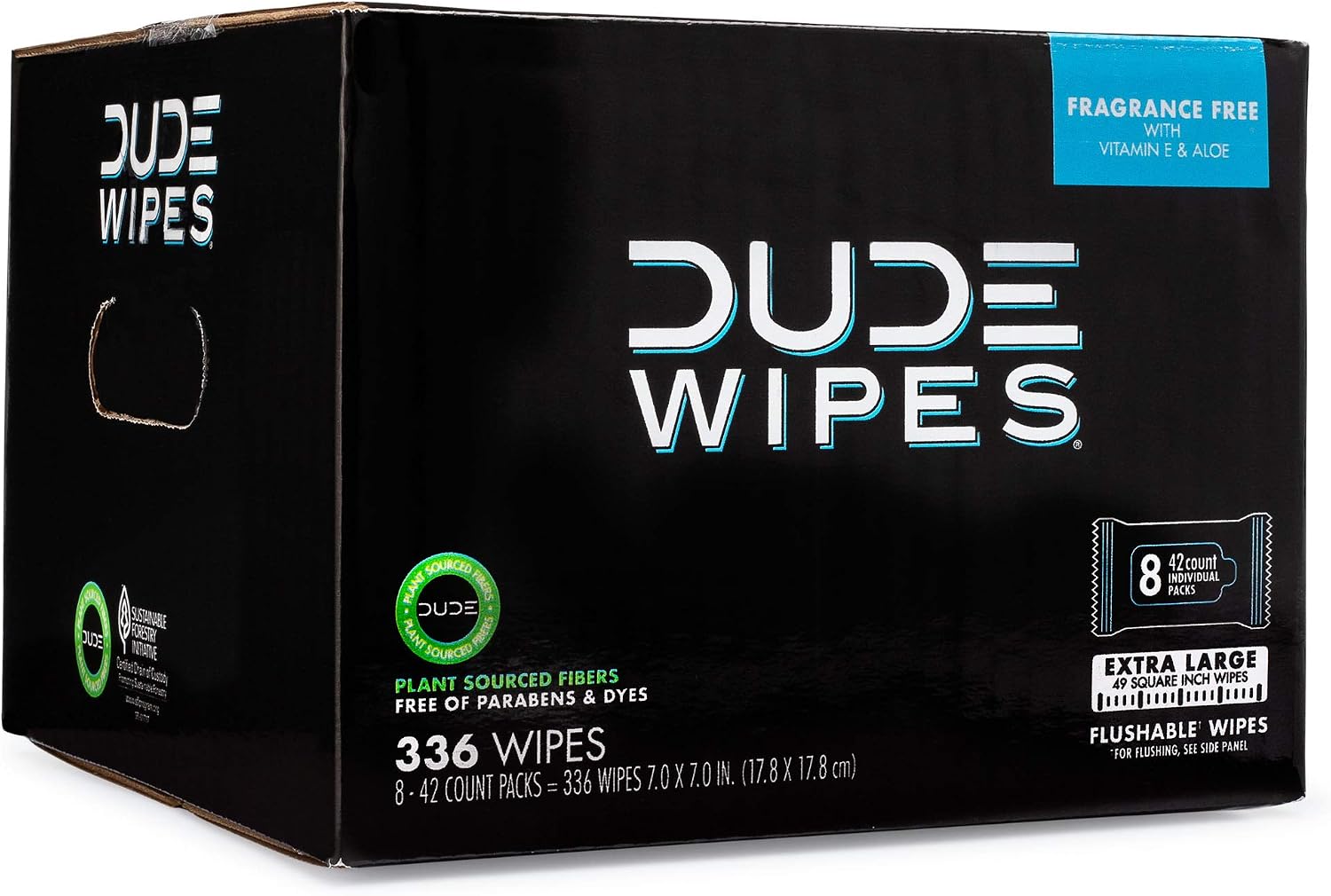 DUDE Wipes - Flushable Wipes - 8 Pack, 336 Wipes - Unscented Extra-Large Adult Wet Wipes - Vitamin-E & Aloe for at-Home Use - Septic and Sewer Safe