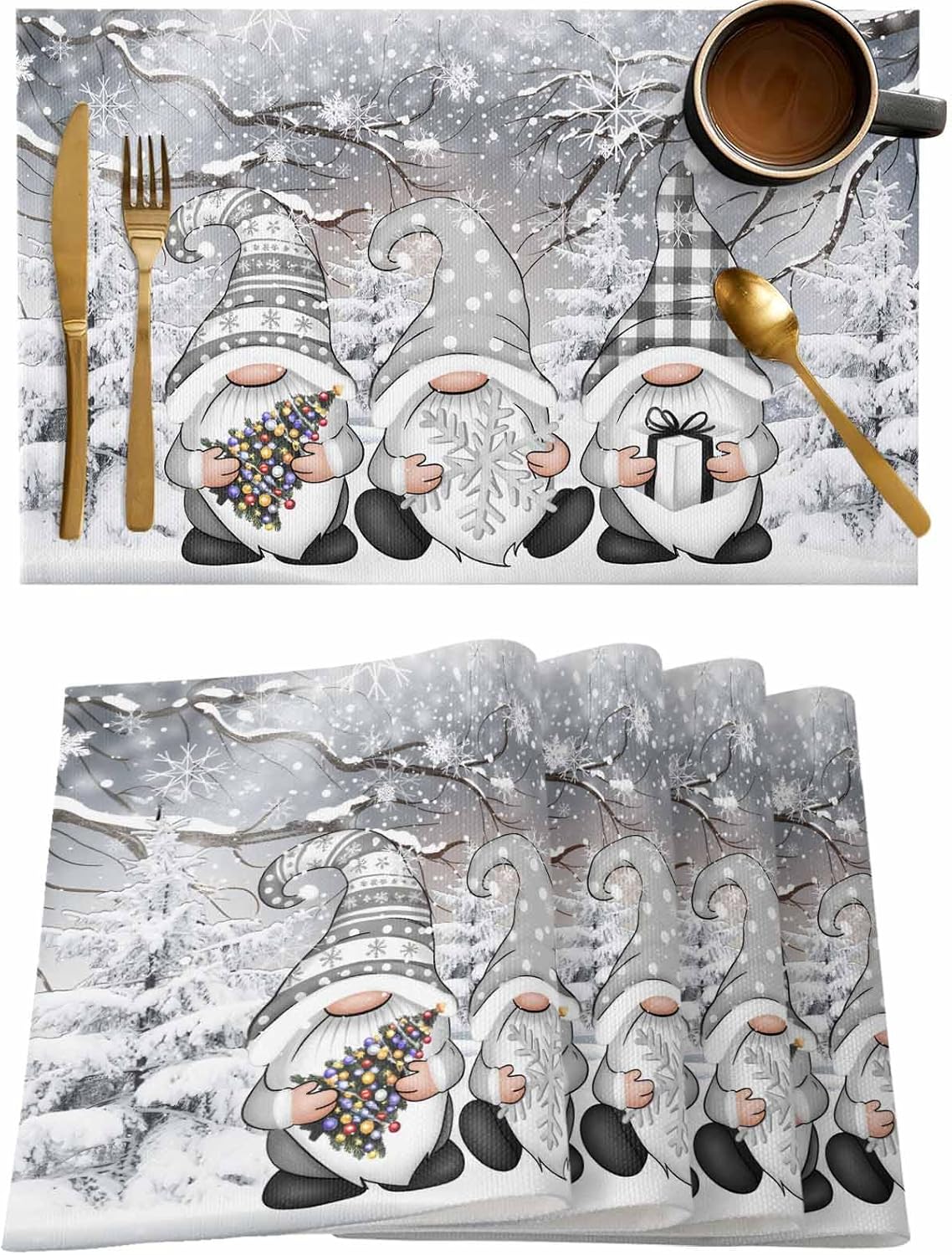 Grey Christmas Placemats for Dining Table Set of 4, Cotton Linen Cloth for Square/Rectangle/Round Table Mat Placemat, Kitchen Dinner Holiday Décor Winter Gnomes Snowflake Lattice