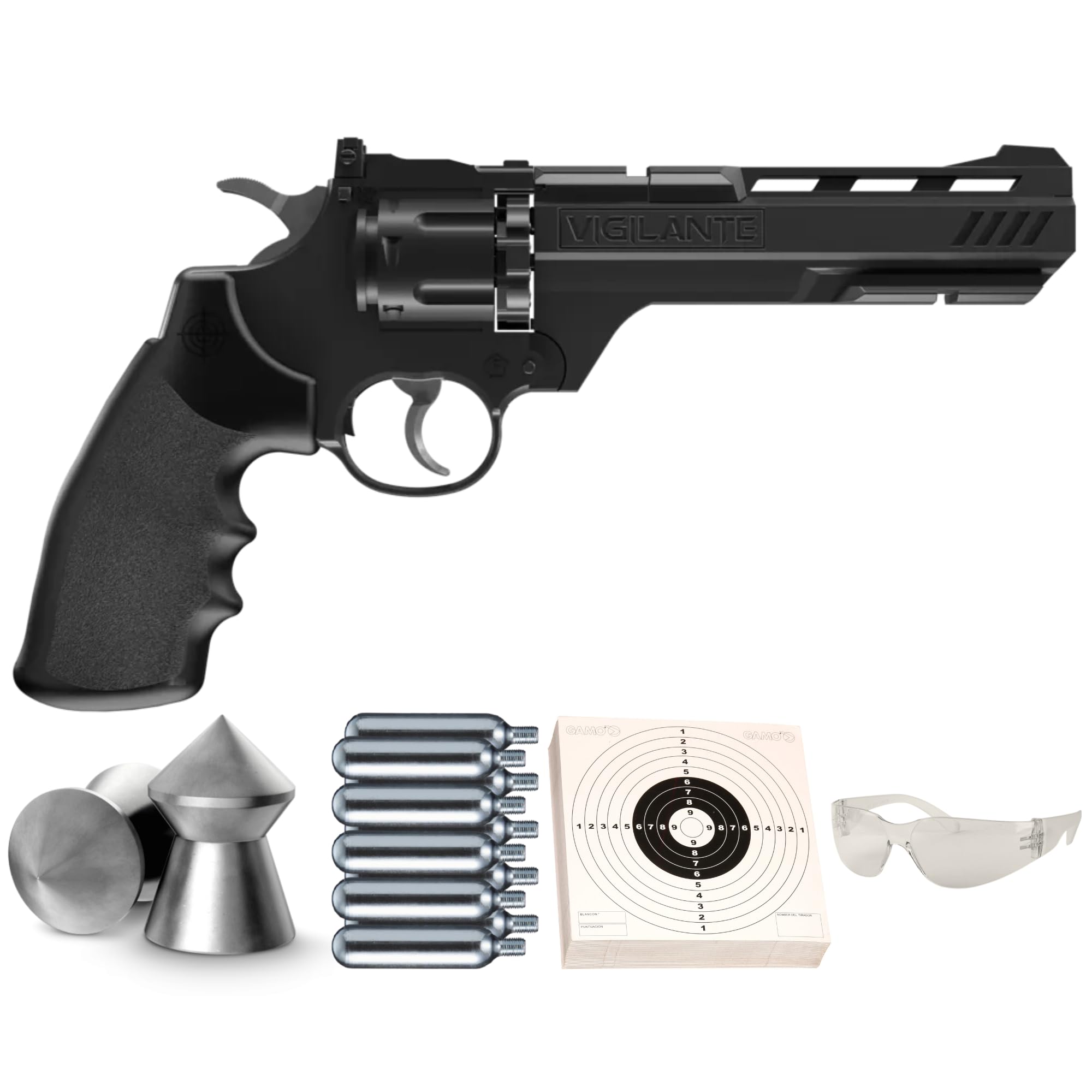 ArmyBoy Crosman Vigilante CO2 Revolver Air Gun Kit – .177 Cal Dual Ammo Air Pistol Bundle with Pellets, BBS, CO2, Targets & Safety Glasses