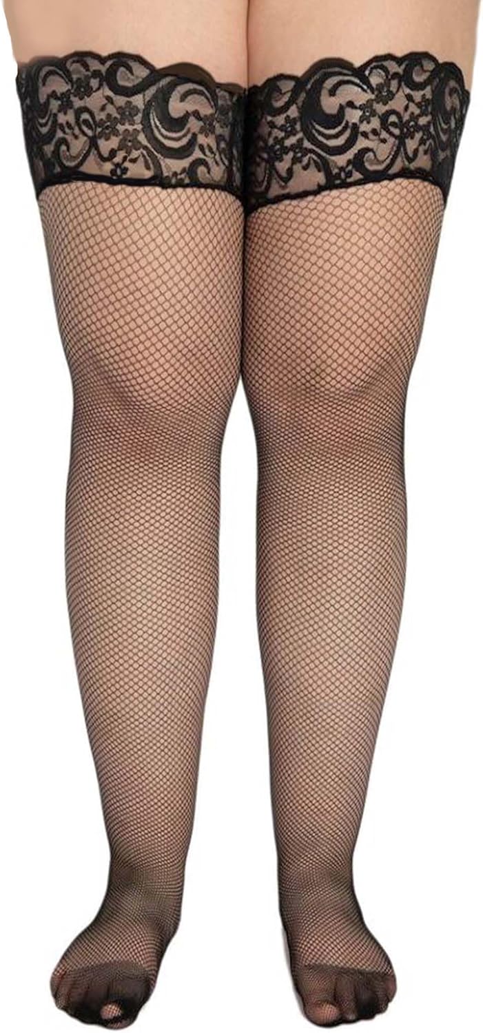 Angelique Womens Plus Size Hosiery Black Fishnet Lace Top Stay Up Silicone Thigh High Stockings- 3 Pack