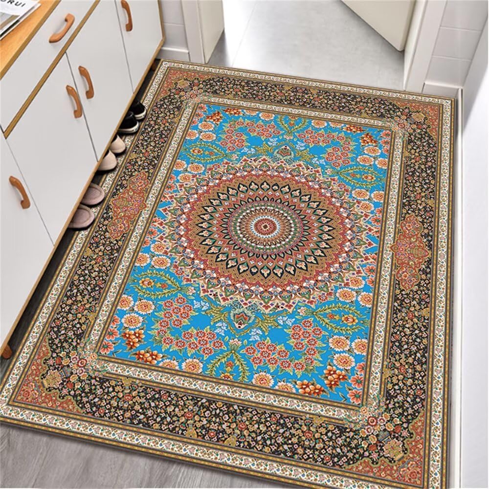 Tapis de centre de salon facile à entretenir grand motif gris-bleu lavable pour grand séjour