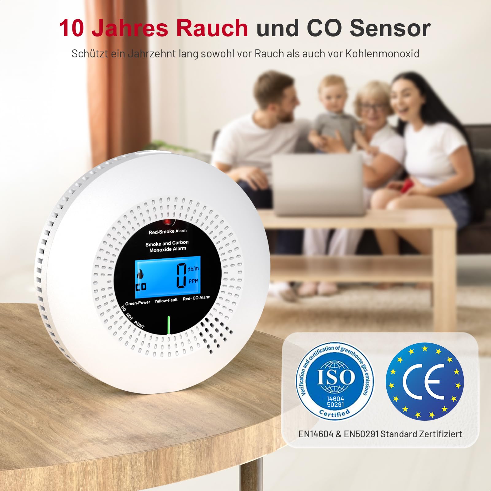 PHYSEN 2 in 1 WLAN Rauch und CO Melder, Rauchmelder und Kohlenmonoxidmelder mit Hochpräzise LCD-Digitalanzeige, Prüftaste und Austauschbare Batterie, EN14604 & EN50291 Standard Zertifiziert, 1St