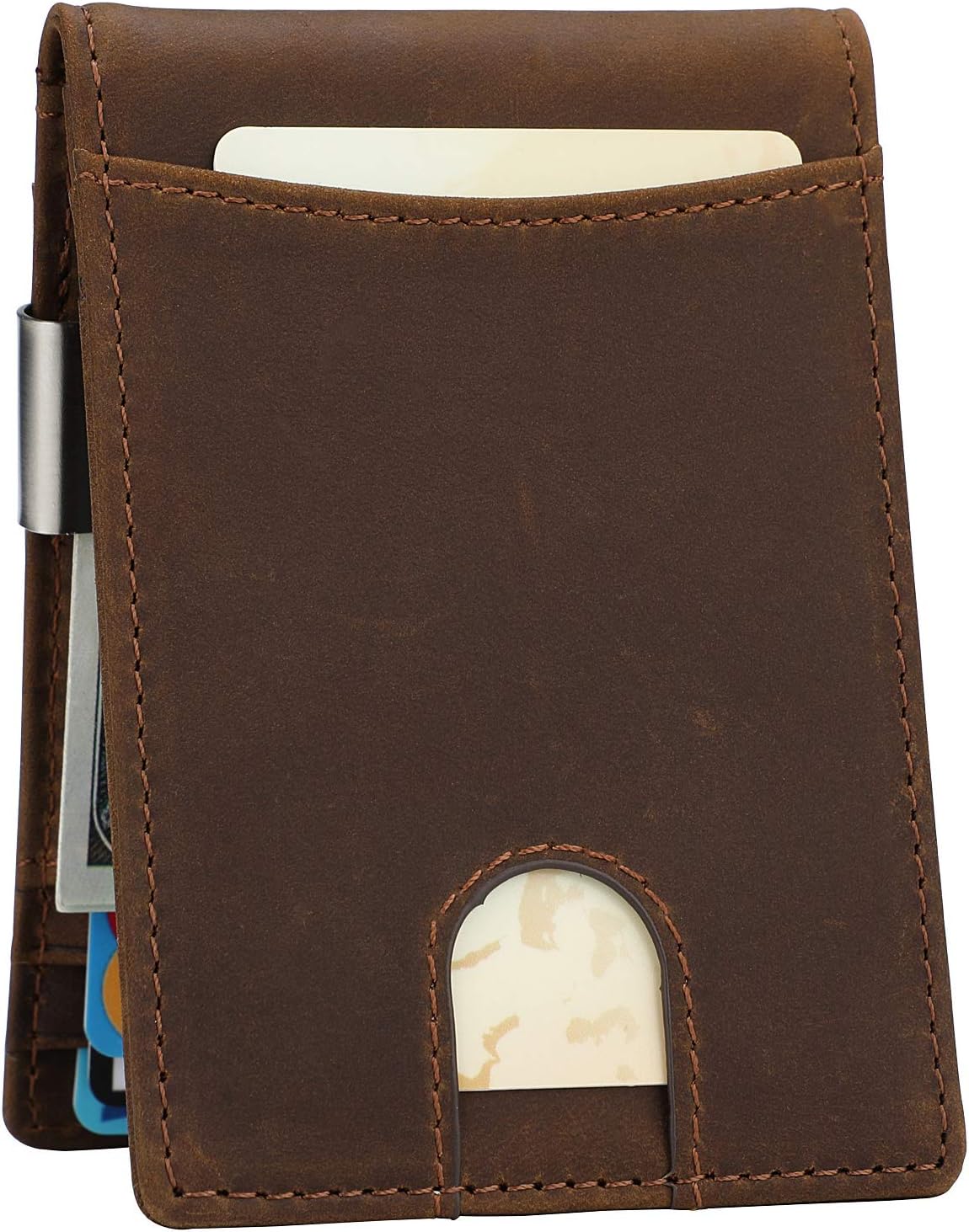 Money Clip Wallet - Mens Slim Front Pocket Leather Wallet RFID Blocking Minimalist Mini Wallet (Brown)