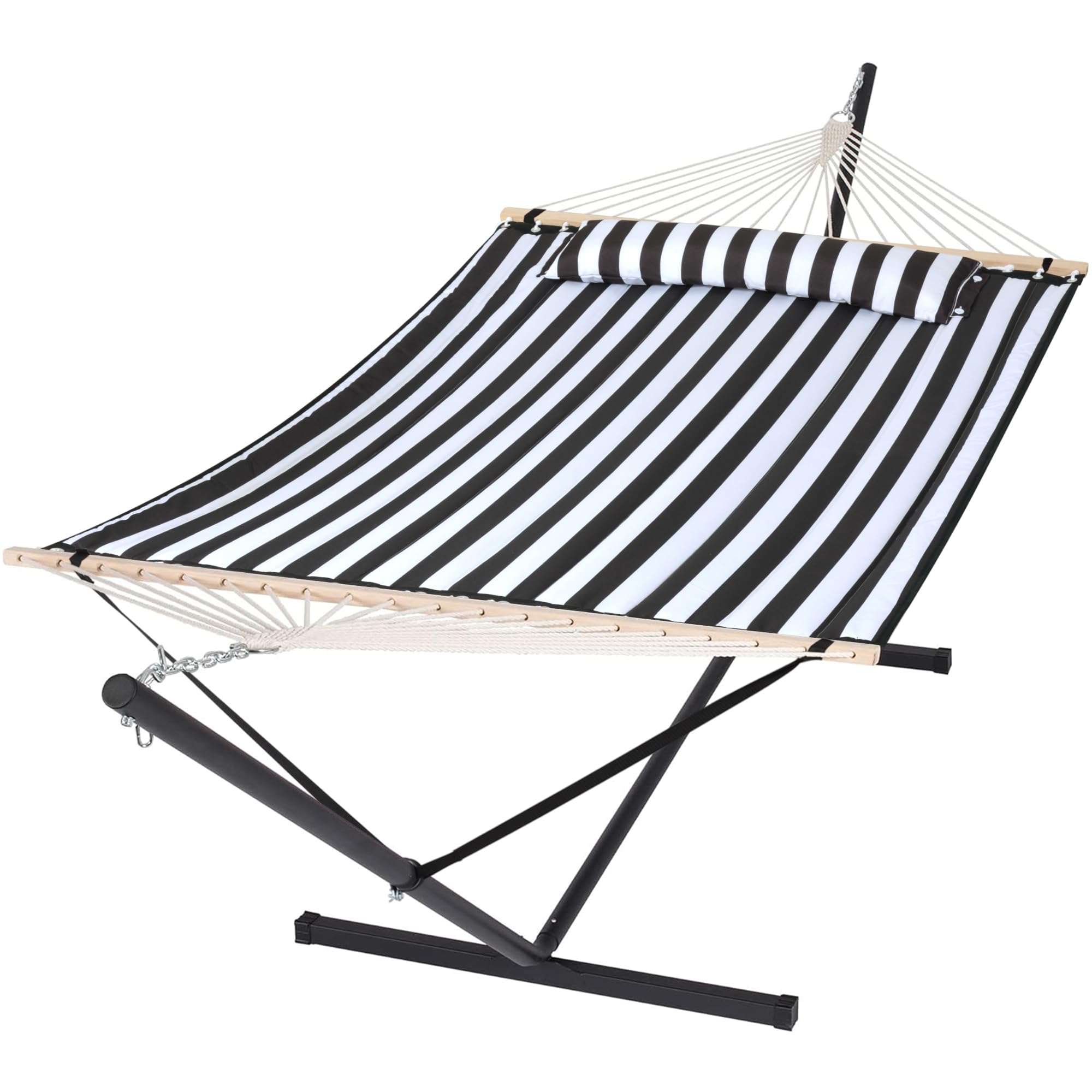 SUNCREAT Two Person Hammock with 12ft Stand Included, Black Stripes