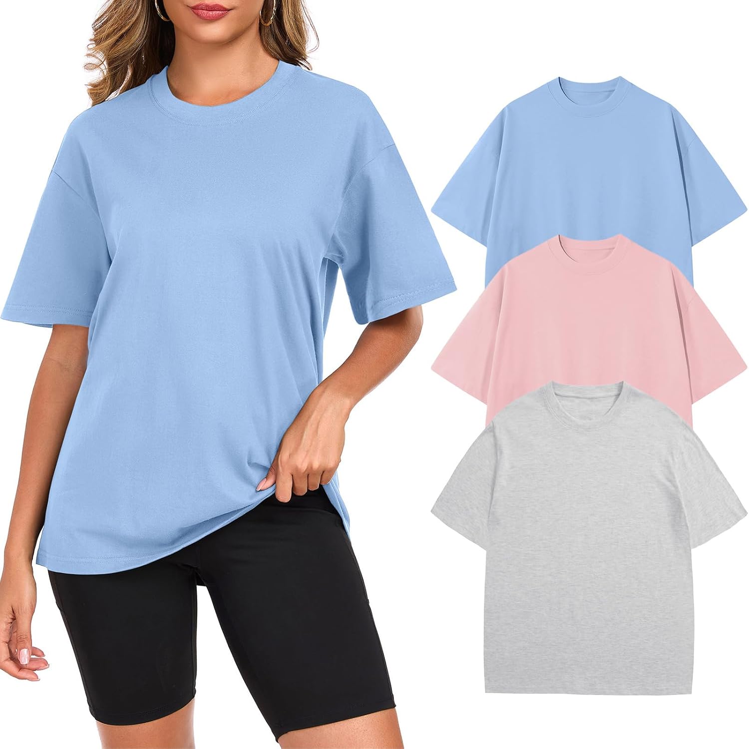 Womens Oversized Cotton T Shirts Crewneck Short Sleeve Tops Heavyweight Casual Loose Fit Drop Shoulder Fashion Tees