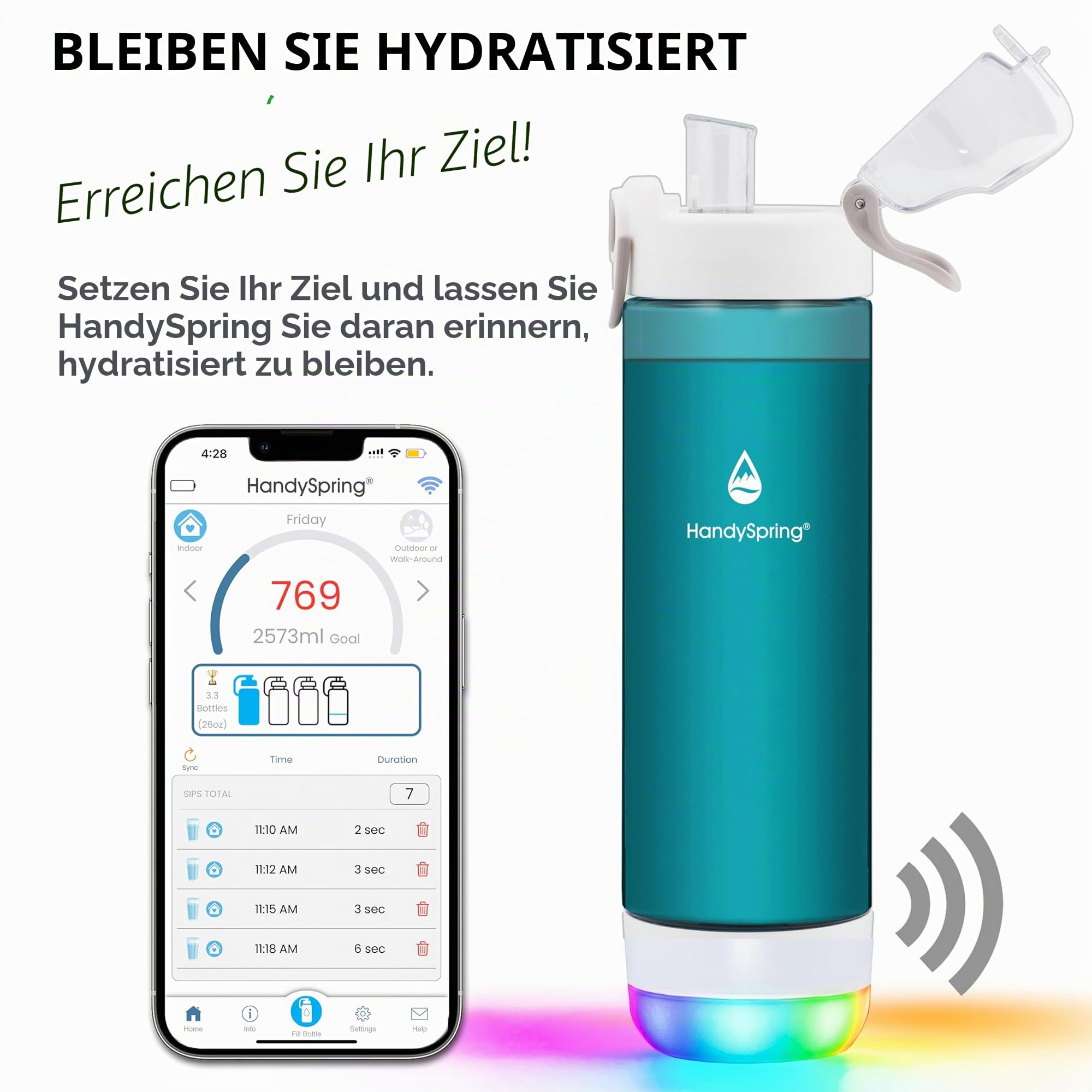 Intelligente Trinkflasche mit Trinkerinnerung, Licht und Geräuschen, Wasseraufnahme-Detektor, nachfüllbar, Tritan-Kunststoff, Trinköffnung, 760 ml