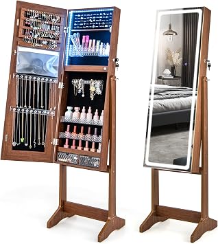LOKO Standing Jewelry Cabinet with LED Lights, Lockable Jewelry Armoire with Full-Length Mirror, Lipstick Box & 2 Drawers, Large Storage Jewelry Organizer with 3 Adjustable Angles walnut