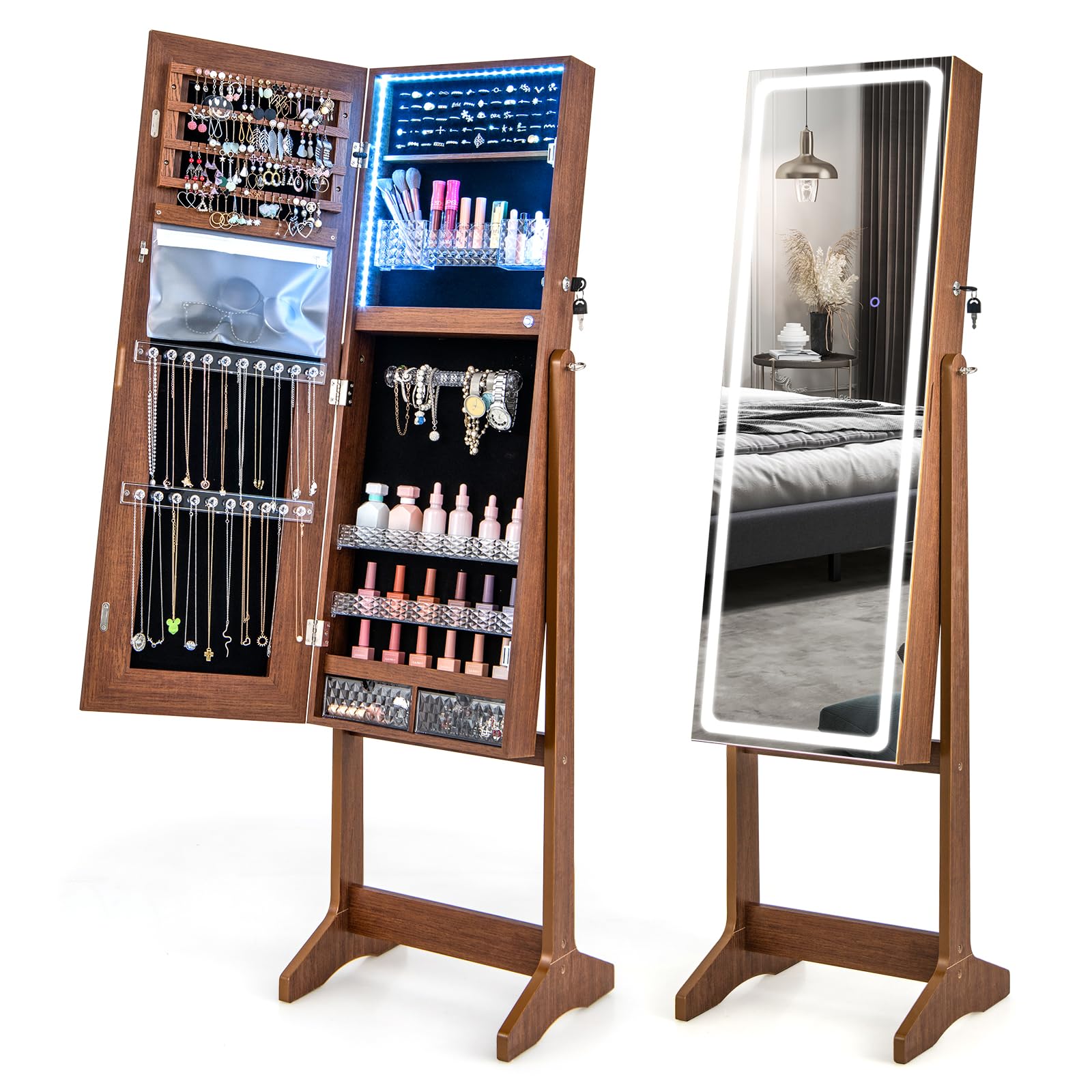 COSTWAY COSTWAY Armario para Joyas, Joyero de Pie con Espejo Iluminado de 3 Colores, Puerta con Cerradura y Llaves, Caja de Lápiz Labial y 2 Cajones, Organizador de Joyas con 3 Ángulos Ajustables (Marrón)