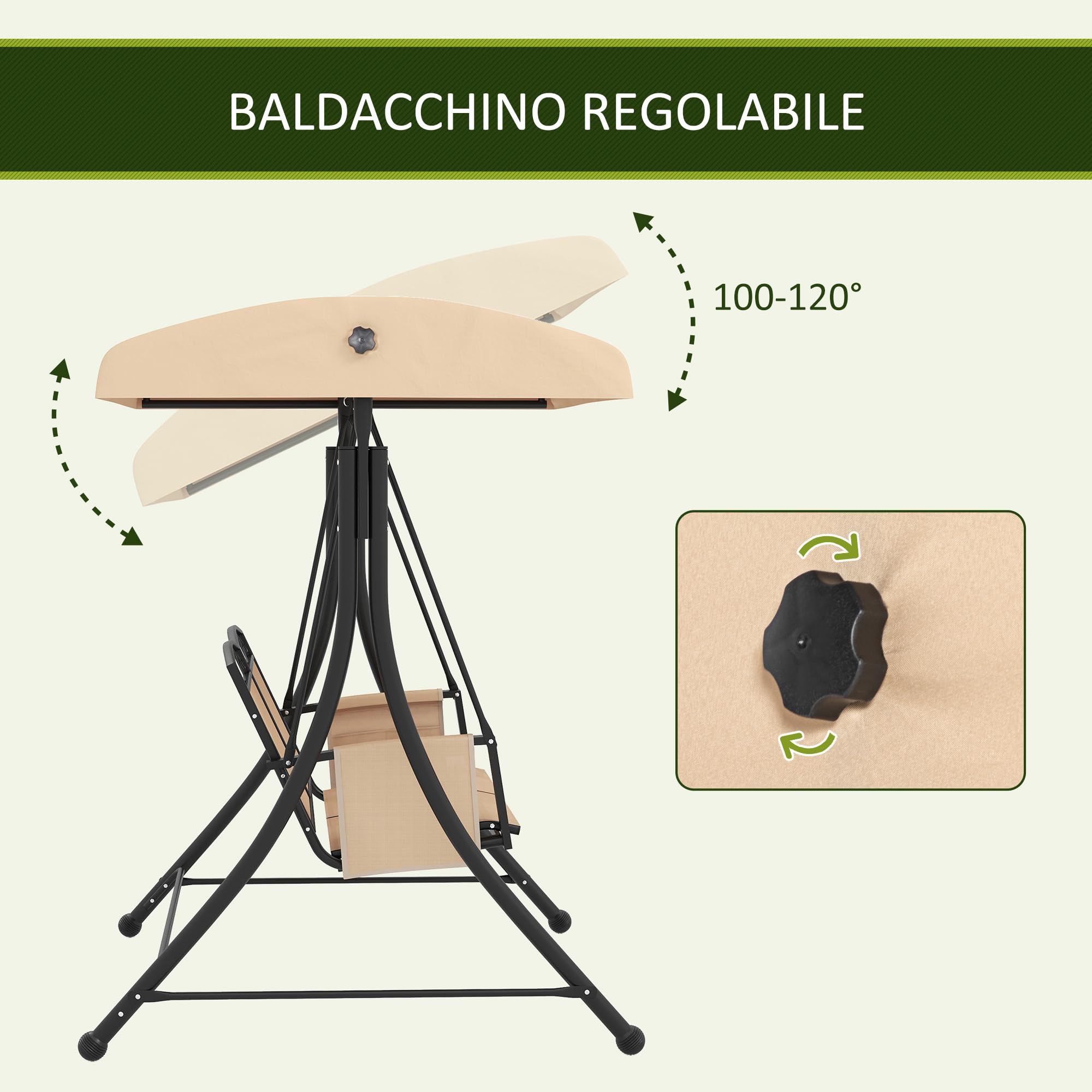 Outsunny Dondolo da Giardino 2 Posti con Tettuccio Parasole Regolabile, Dondolo con Tasche Laterali, Acciaio e Tessuto a Rete, Beige