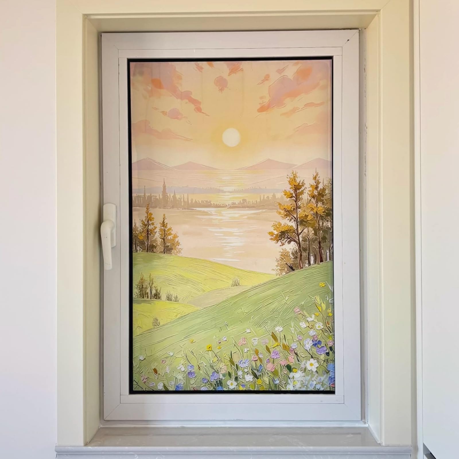 Vinilo Adhesivo Cristal Decorativo Pintura Al Óleo Paisaje Vinilos para Cristales Privacidad Estatico Anti UV Reutilizable para Oficina Dormitorio Sala de Estar Vinilo para Ventanas