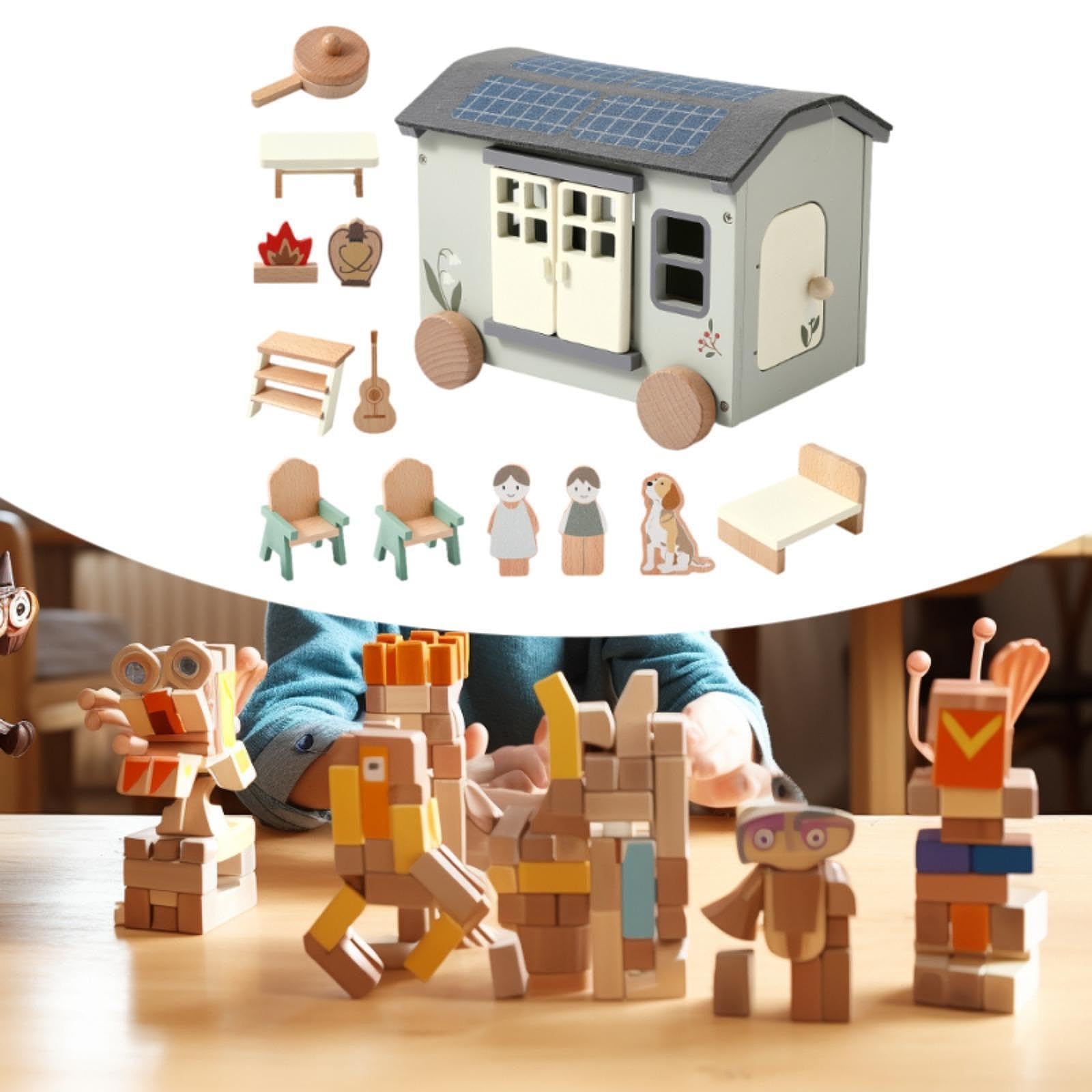 harayaa Holz Camping Set, Holztisch Und Stühle, Holz Camping Van, Rollenspiel, Puppenhaus, Pädagogisches Spielzeug für Kinder