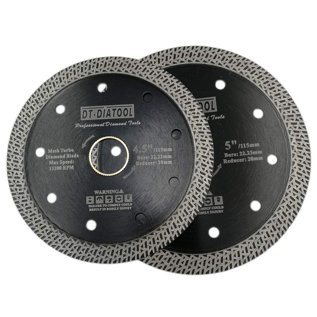 DT-DIATOOL Diamond Granite Blade 4-1/2 Inch for Marble Porcelain Tile Ceramic Diamond Cutting Disc with Mesh Turbo Diamond Segments Pack of 5