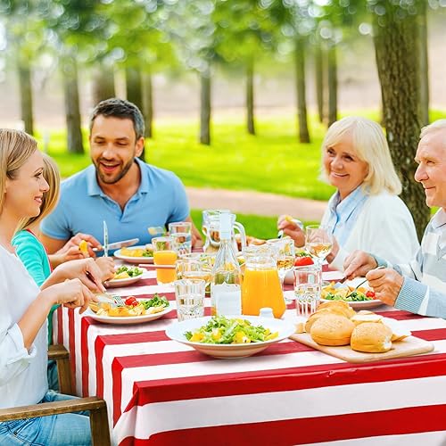 Miniatura 5 de Paquete de 4 manteles de plástico desechables impermeables de 54 x 108 pulgadas, a rayas rojas y blancas, manteles rectangulares para cumpleaños,