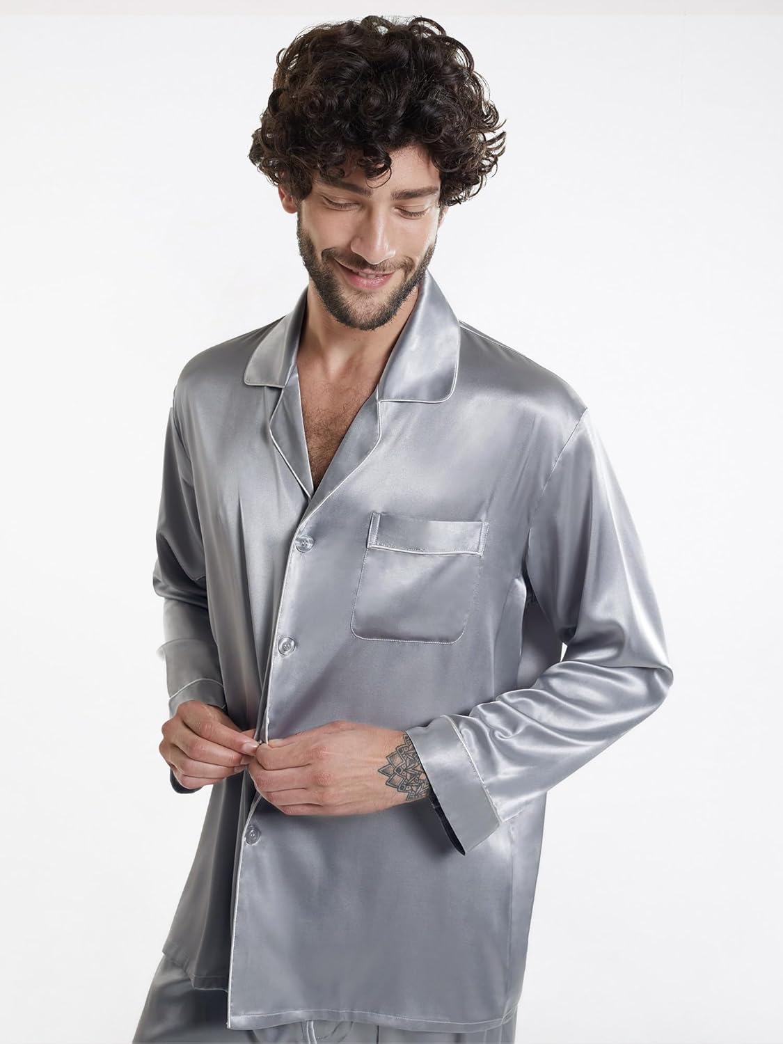 SIORO Mens Silk Satin Pajama Set Long Sleeve Sleepwear Button Down PJ Set with Pocket Loungewear M-XXL - Image 6
