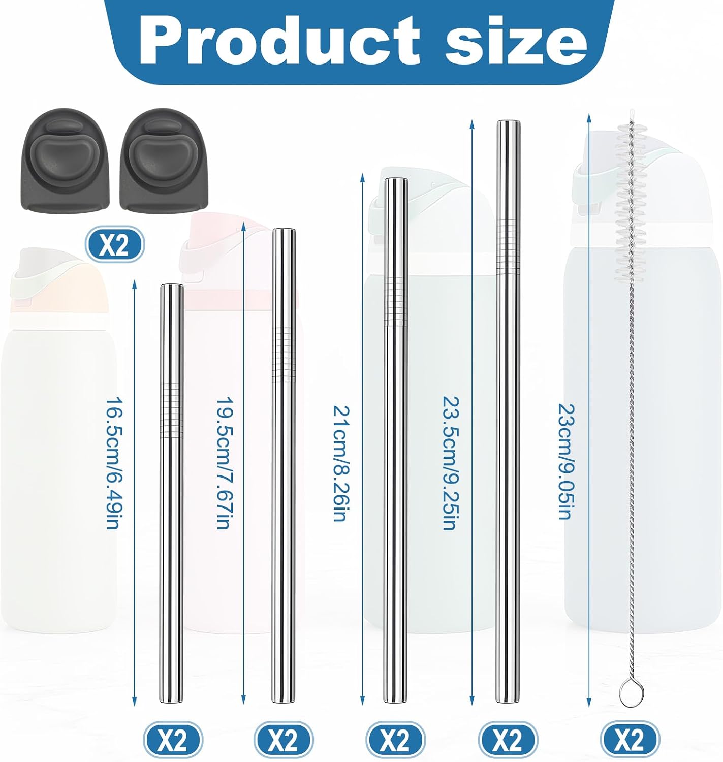 10 PCS Stainless Steel Straws for Owala Water Bottle, 4 Lengths 19oz 24oz 32oz 40oz Kids’ FreeSip 16oz, with Cleaning Brush & Travel Storage Bag 2 Replacement Stopper