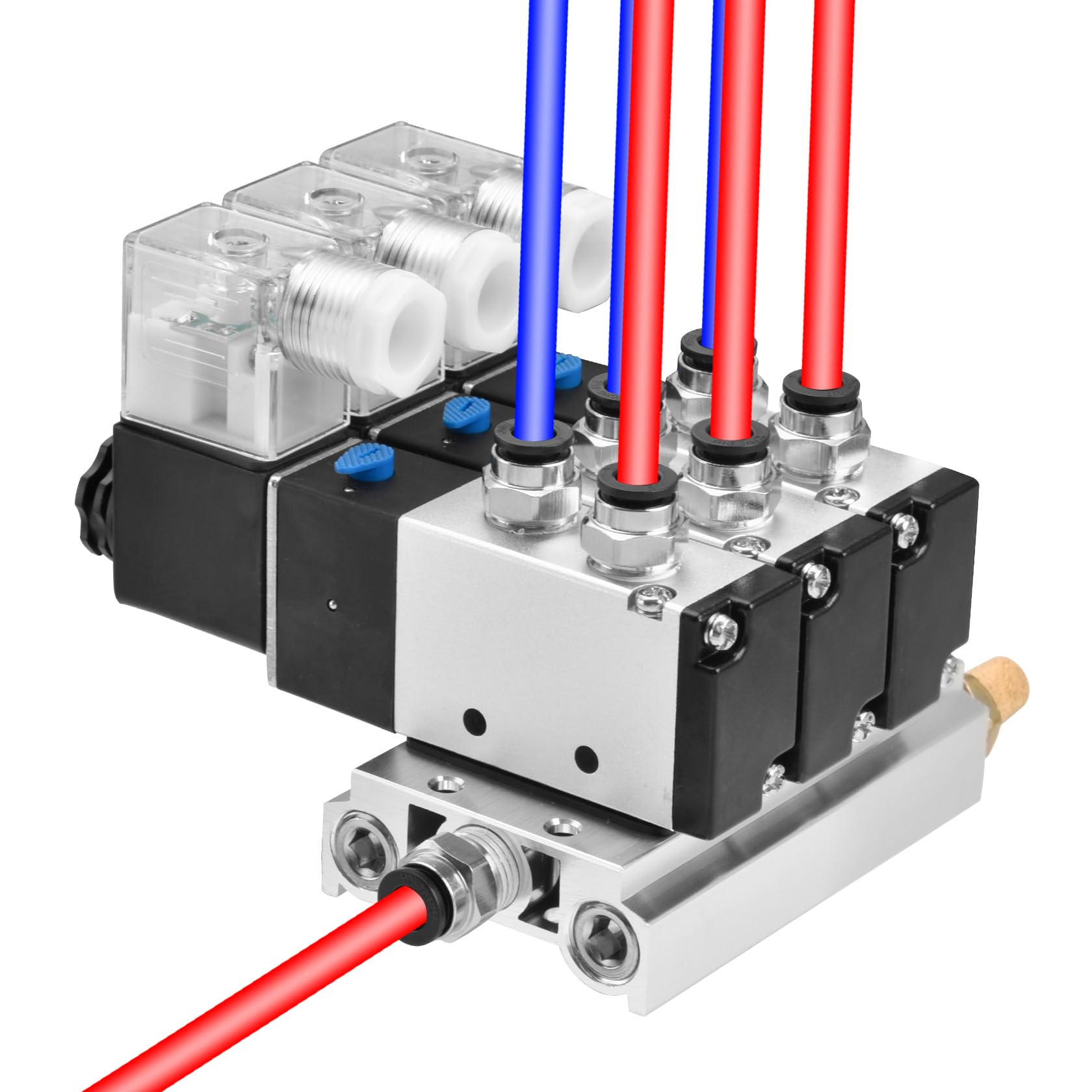 Heschen Eléctrica neumática triple válvula solenoide 4V210-08, AC220V, PT1/4'', 5 vías 2 posiciones, Manifold Base Silenciador Rápido Accesorios Conjunto