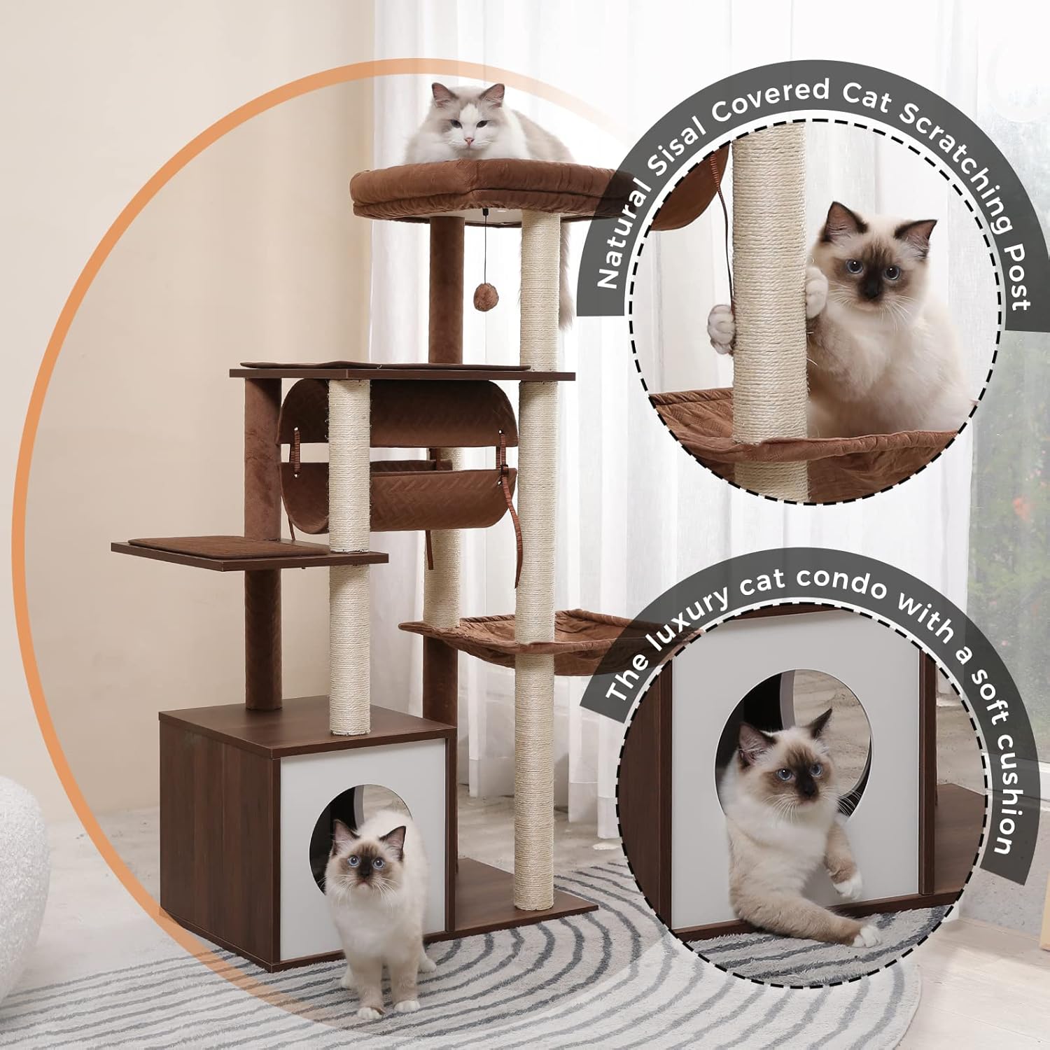 review PEQULTI 51.4 Inches Modern Cat Tree Premium 6 Levels Wooden Cat Tower with Fully Sisal Covered Scratching Posts, Cozy Condo, Spacious Perch, Super Large Hammock and Swing Tunnel for Indoor Cats Brown