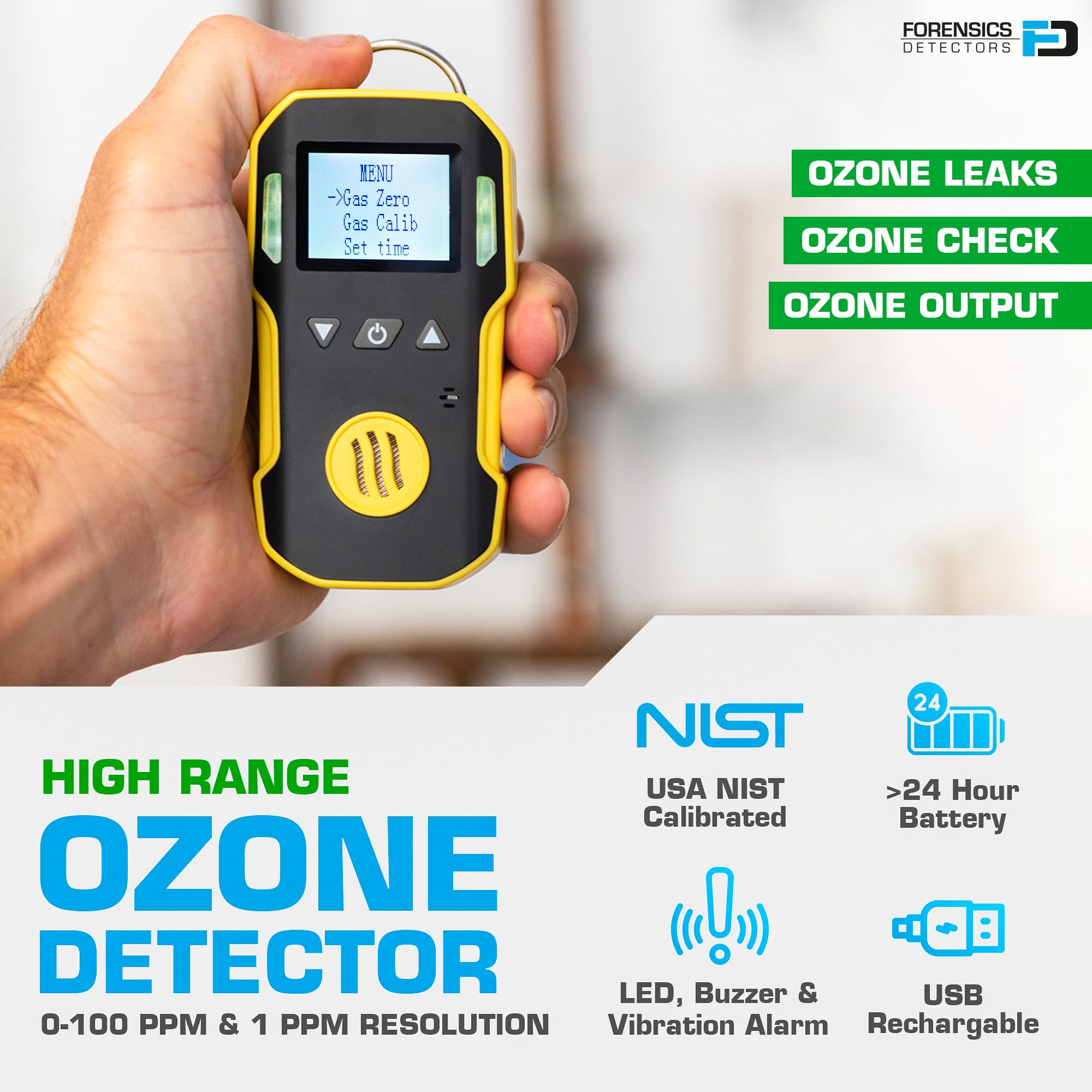 Detector de Gas Ozono | Certificado de Calibración EU | Rango Alto 0–100 ppm O3 | Recarga USB