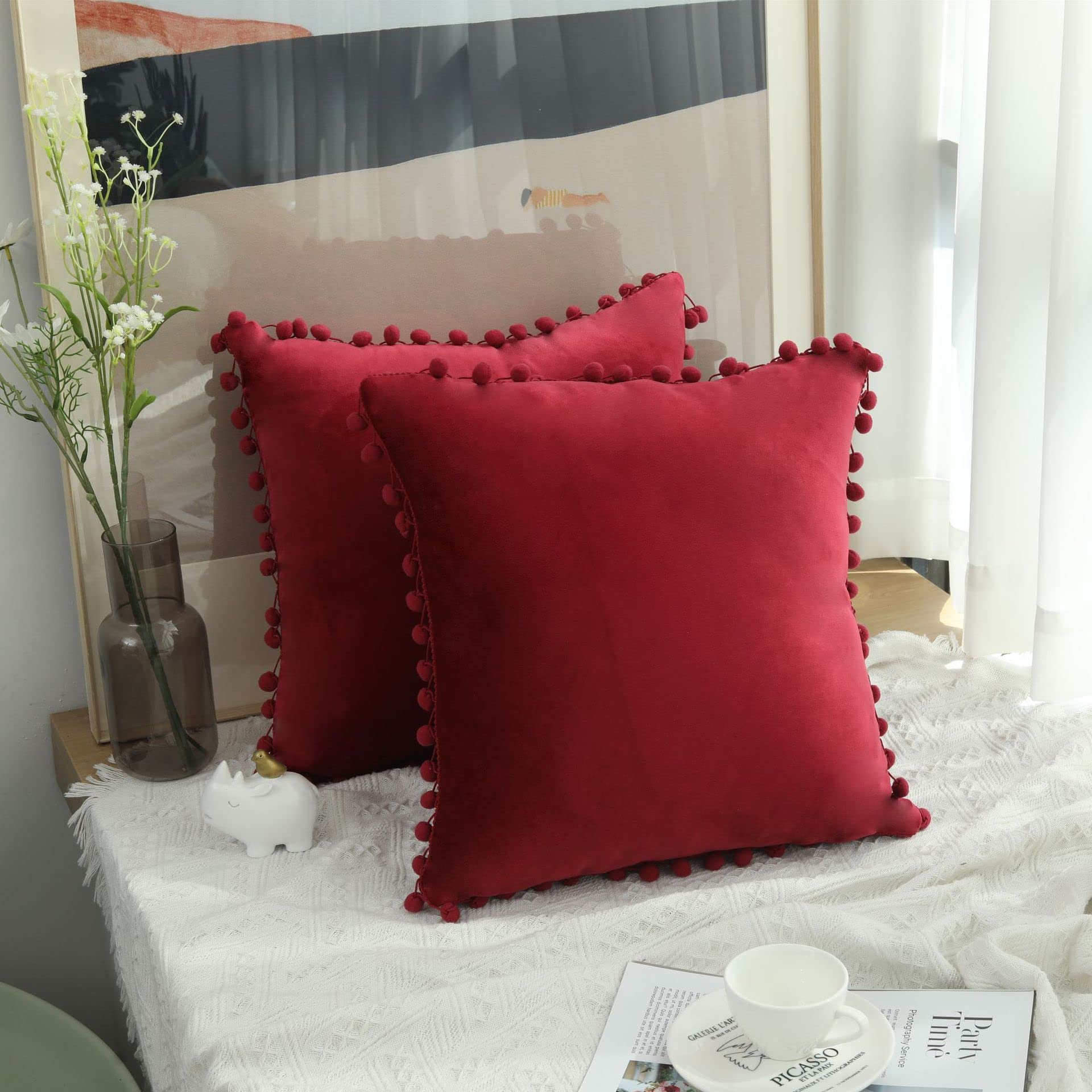 Hediloo Cushion Covers Pack of 2 Soft Velvet Throw Pillow Cases with Pom Pom Invisible Zip for Sofa Chair Living Room (Deep red, 65 * 65cm) โ image 1