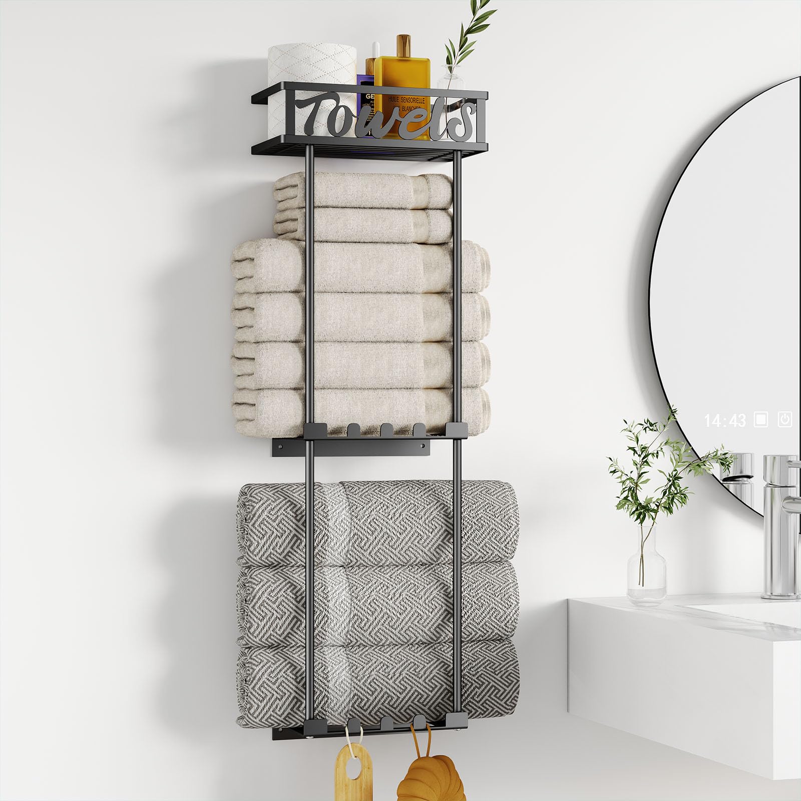 HapiRm Towel Rack Storage Organizer - 3 Tier Towel Holder for Bathroom Wall Mounted with Storage Basket and 6 Hooks Design for Rolled Towels, Black