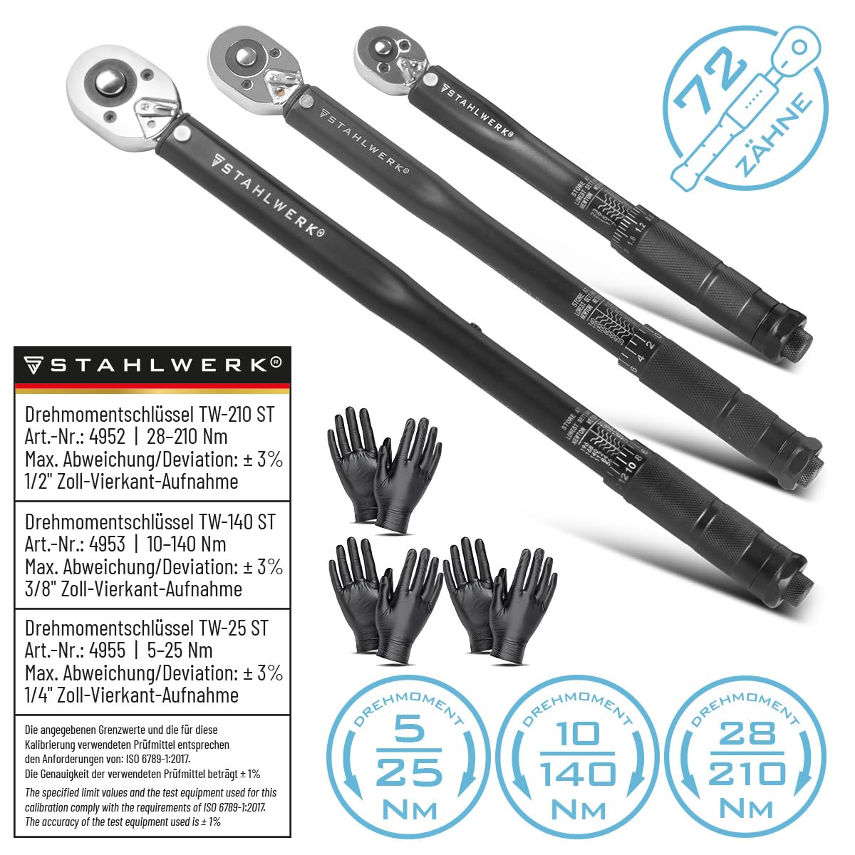 STAHLWERK Juego de llaves dinamométricas de 1/4", 3/8" y 1/2" hasta 210 NM, llave de carraca, carraca con escala de micrómetros