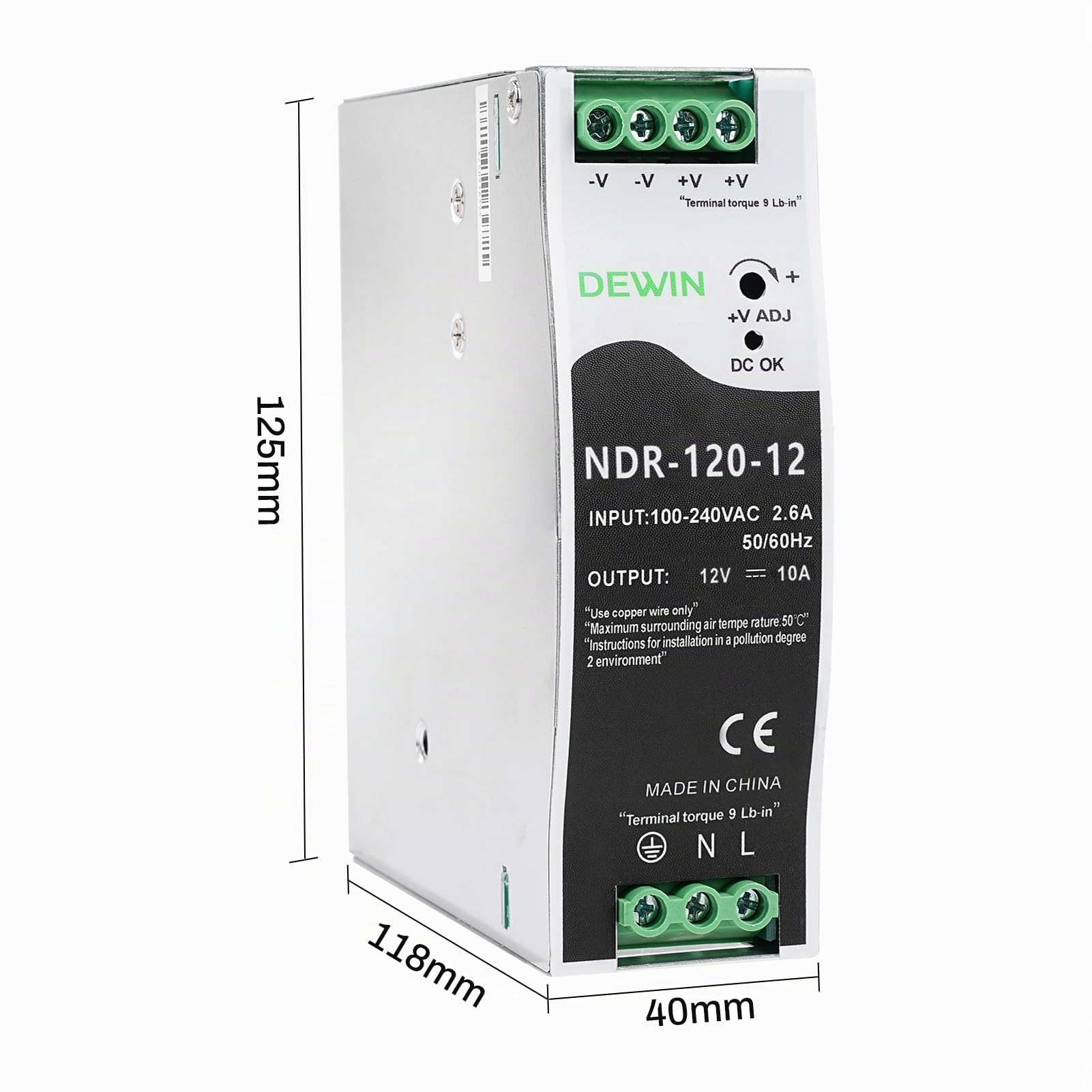120W 10A 12V Netzteil Hutschiene, Din Rail Power Supply mit Überspannungs, Überlast, Kurzschlussschutz usw. Eingang AC 100-240V 2.6A, Ausgang DC 12V 10A