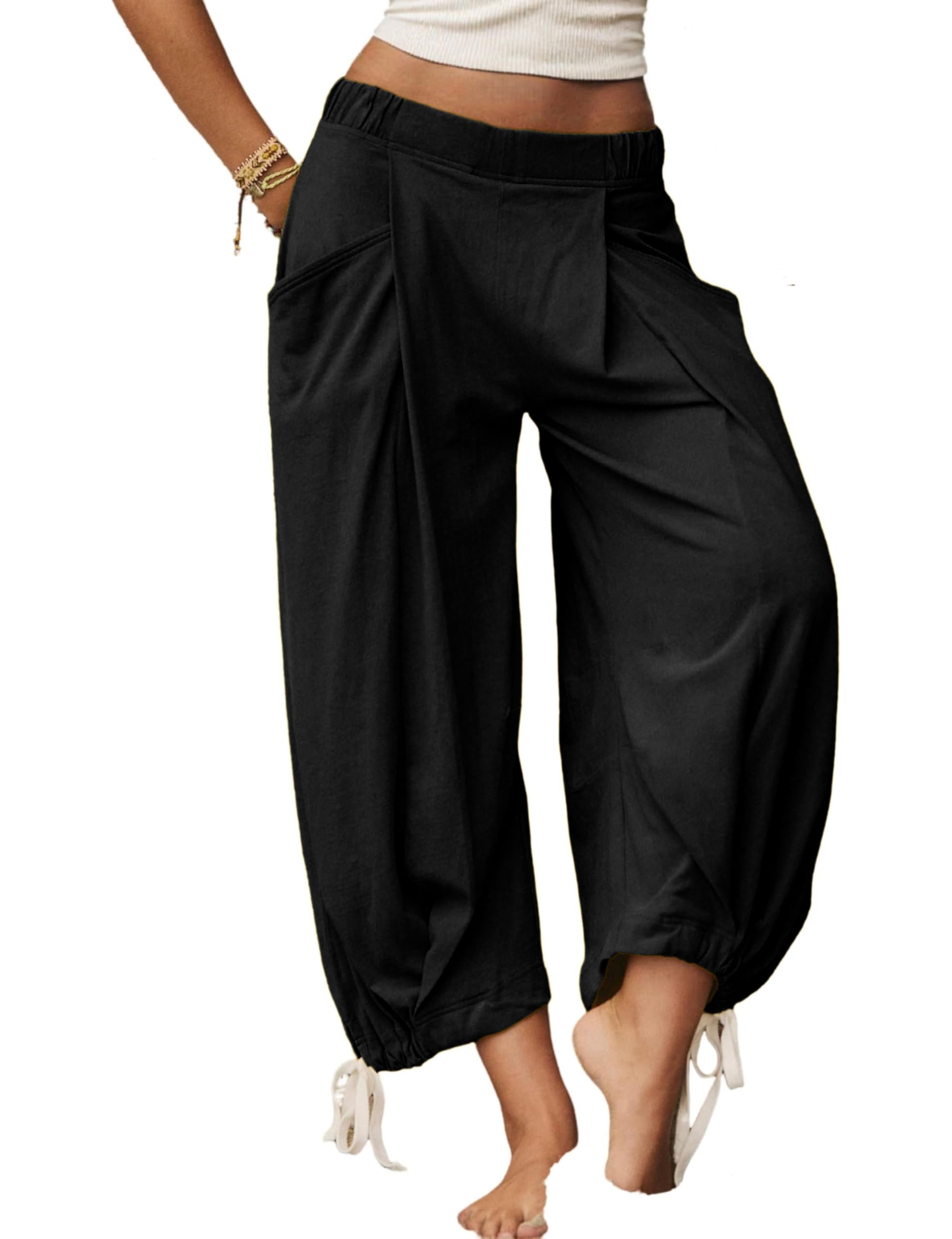Womens Baggy Wide Leg Pants Casual Palazzo Trousers Elastic Waist Loose Fit Pants with Pockets