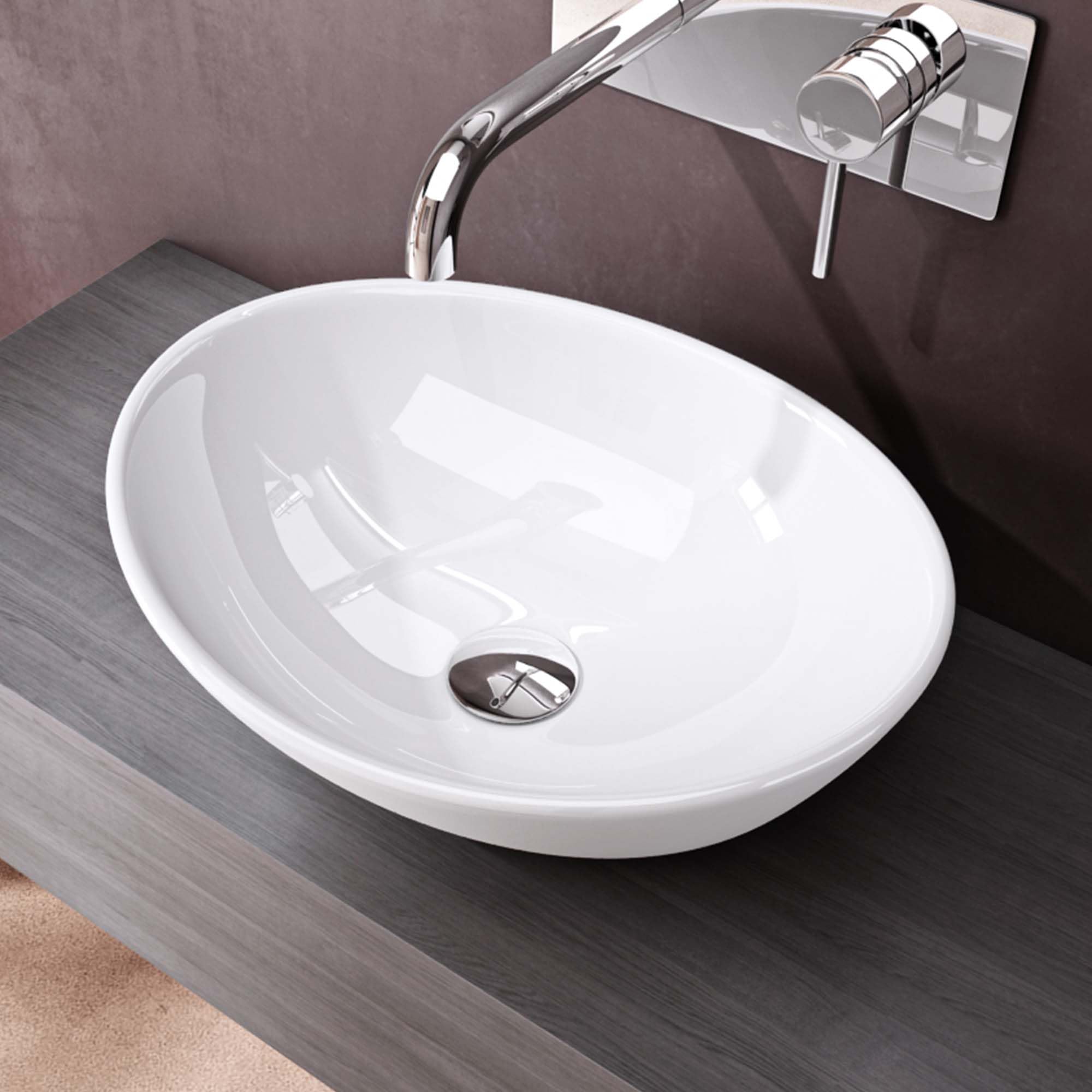 doporro Lavabo da Appoggio Ovale 42 cm per Bagno, Lavamani Soprapiano | Lavandino per Bagno in Ceramica, Colore Bianco, Finitura Lucida, Rivestimento Nano Incluso, Uso in Bagno e WC Ospiti