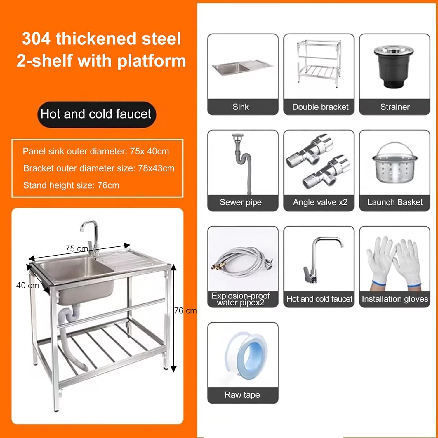 Outdoor Utility Sinks Free Standing Catering Commercial Sink Restaurant Catering Kitchen Sink Prep Workstation 304 Stainless Steel Single Bowl with Faucet for Indoor Outdoor (Color : Type A2, Style